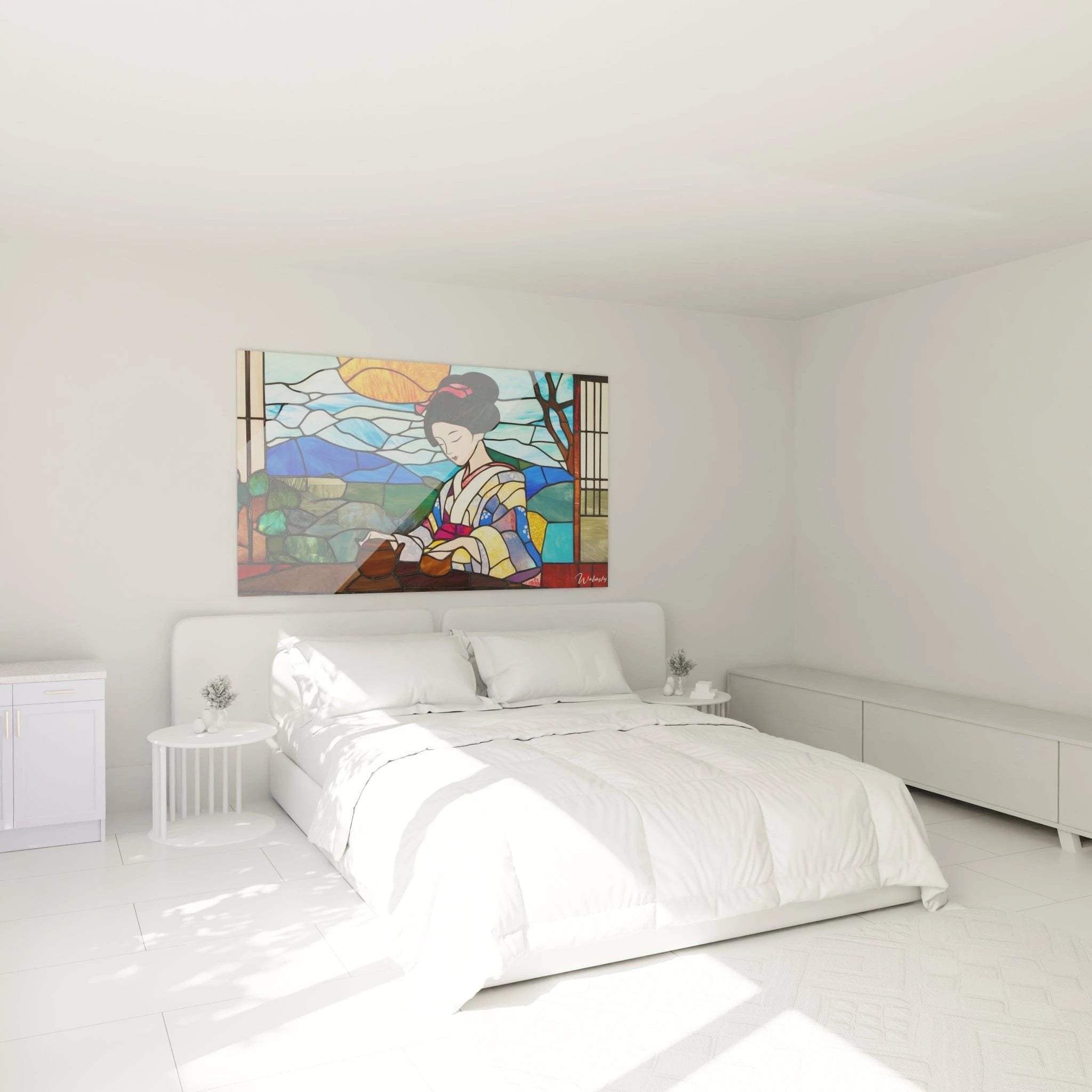 Geisha Teezeremonie Glasmalerei Wandbild als elegante Dekoration im modernen Schlafzimmer mit warmer Beleuchtung