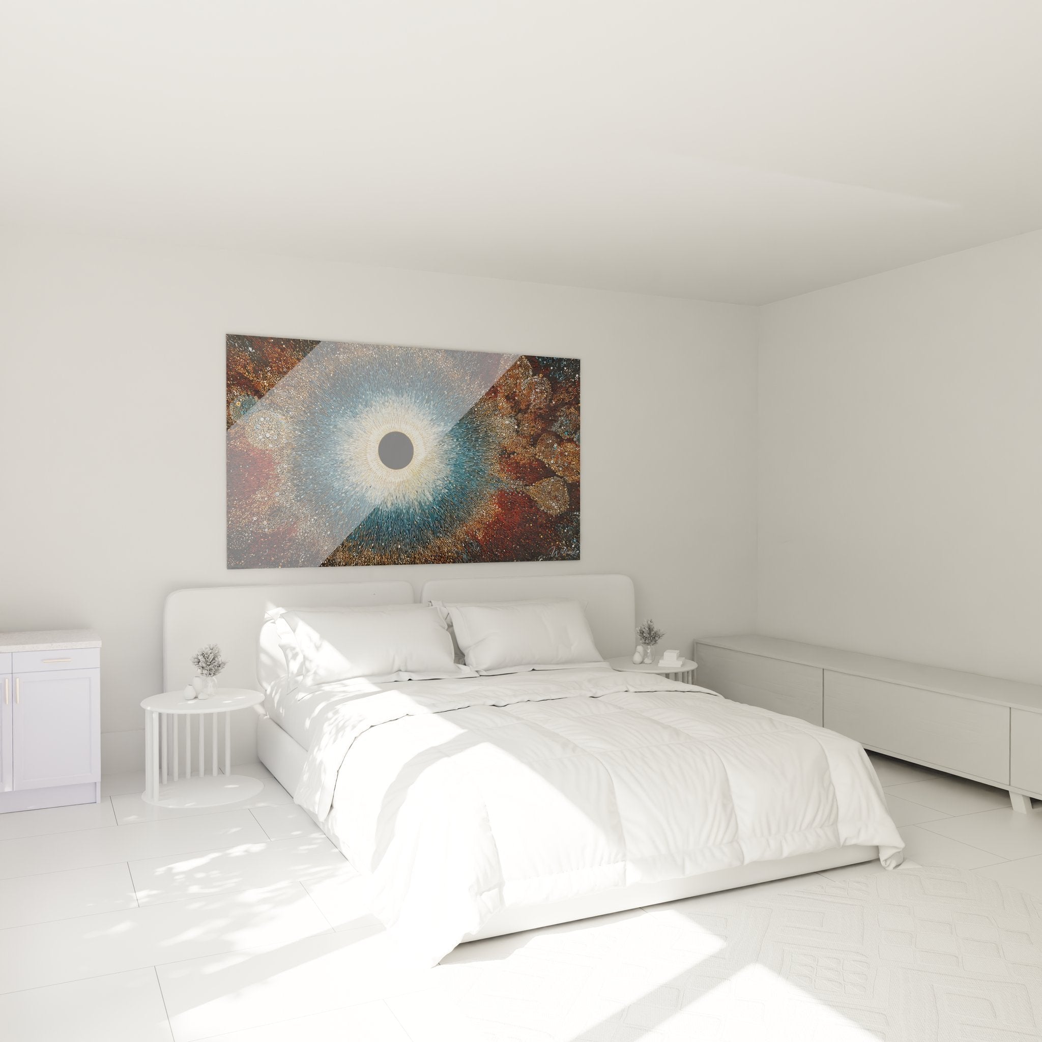 Kosmisches Auge Wandbild als Dekoration im modernen Schlafzimmer mit warmer Beleuchtung