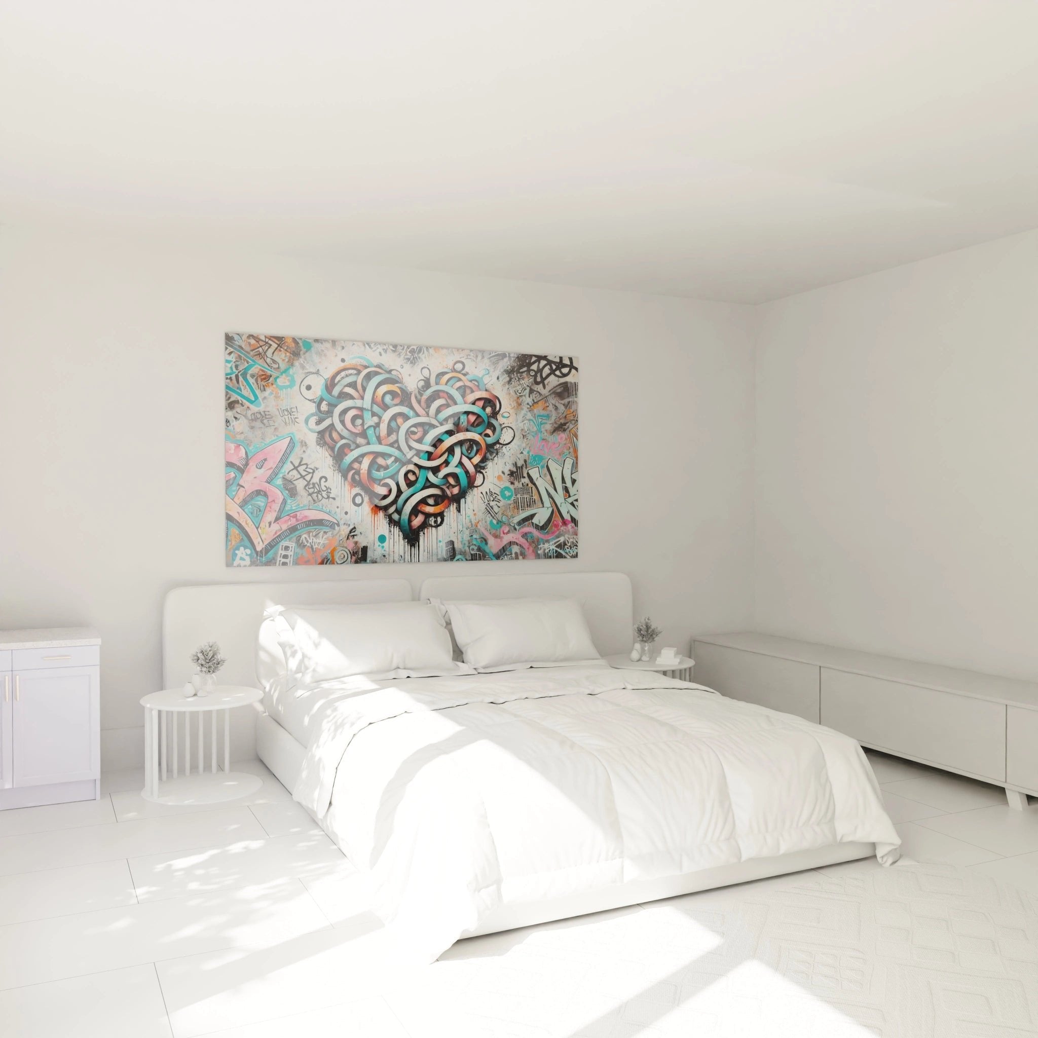 Street Art Wandbild mit Graffiti Herz als moderne Schlafzimmer Dekoration an weißer Wand