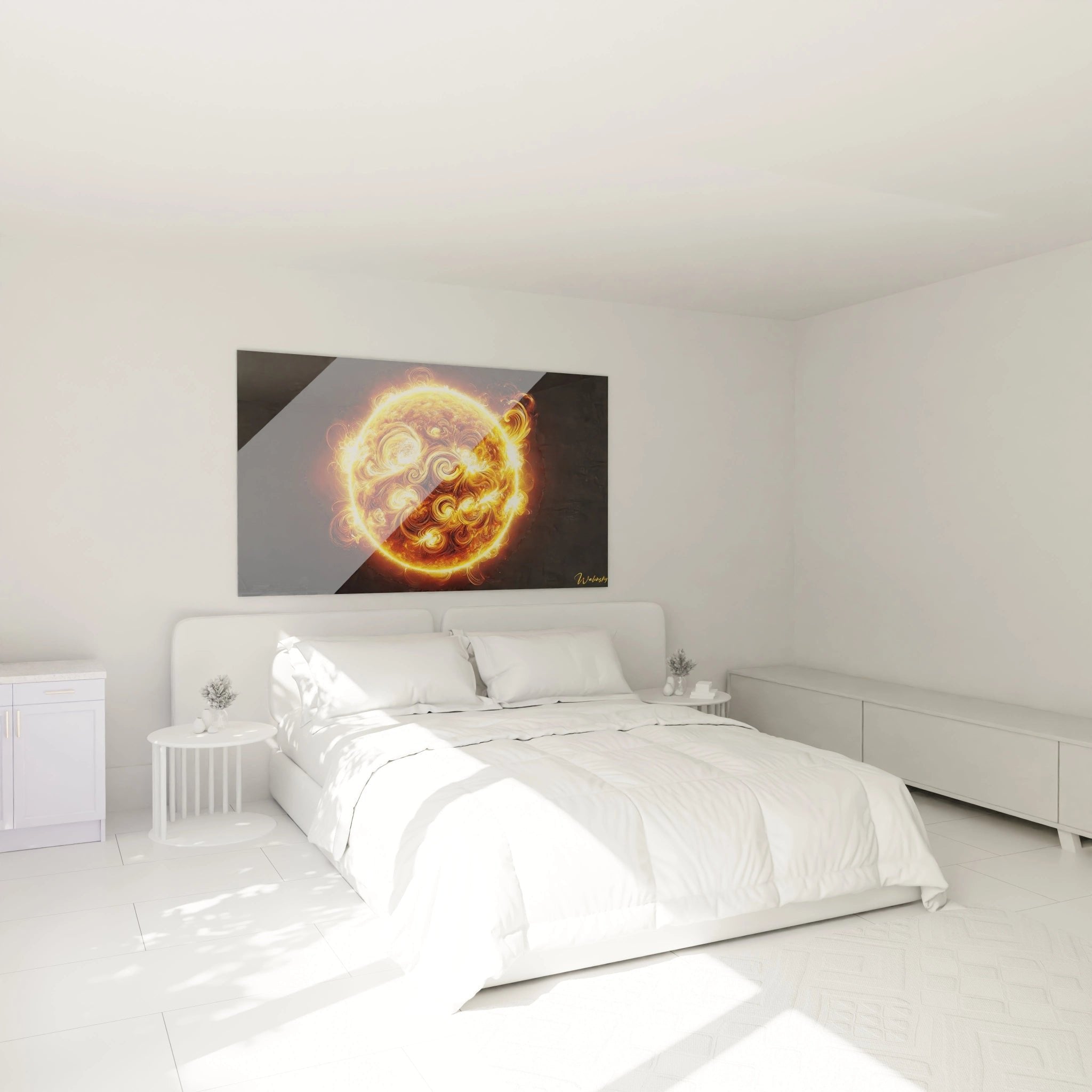 Sonnensturm Wandbild im Schlafzimmer schafft warme, energievolle Atmosphäre mit goldenen Lichtreflexen