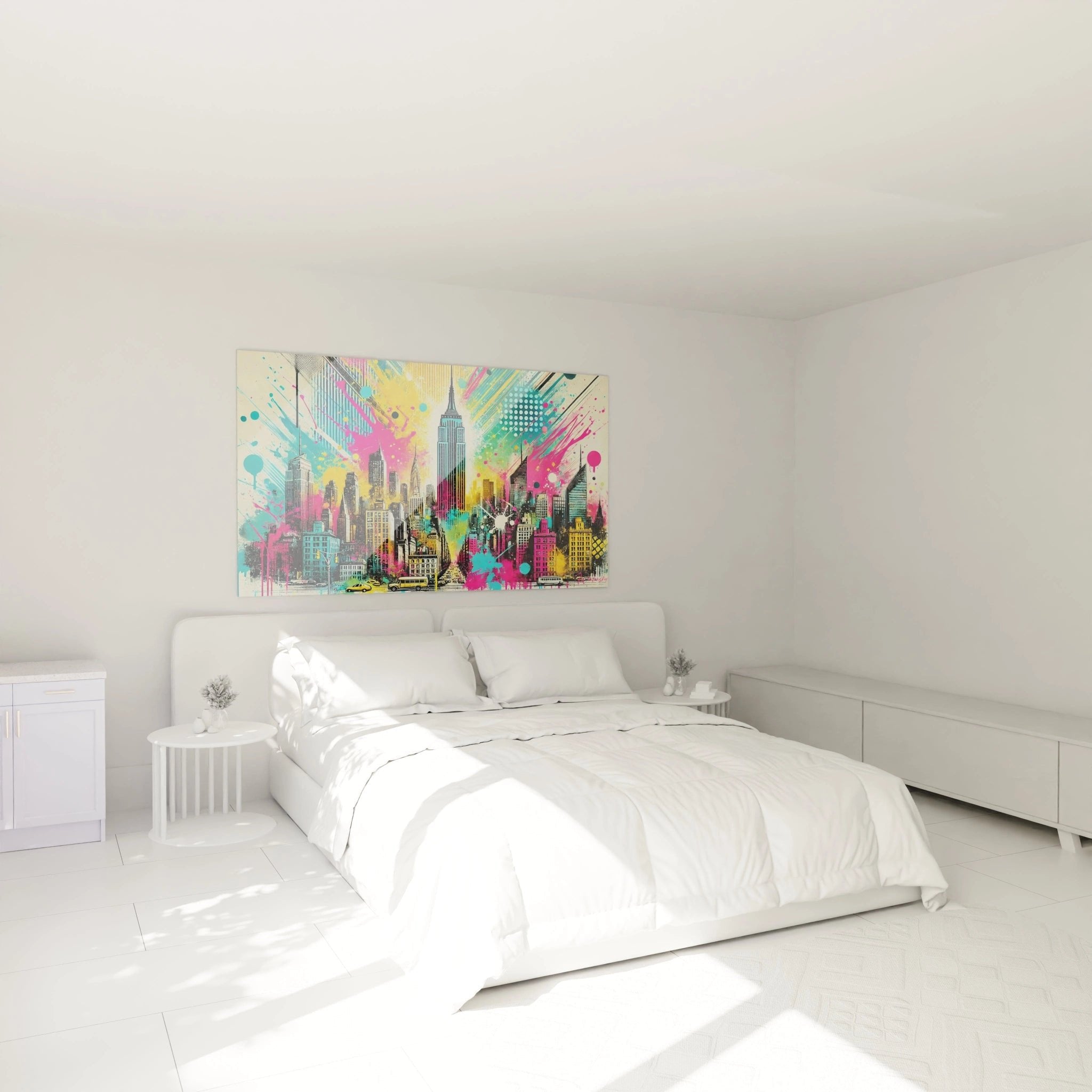 New York Street Art Wandbild als moderne Dekoration im Schlafzimmer mit leuchtenden Farben