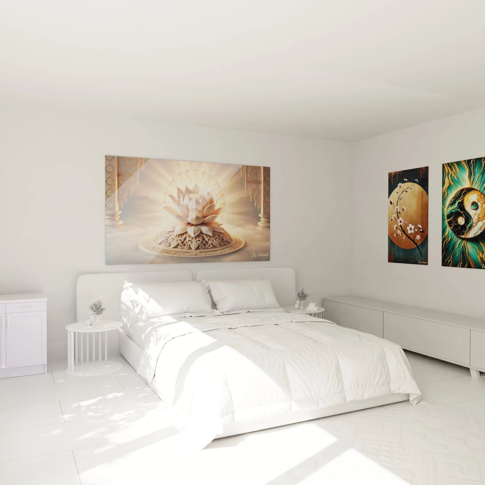 Spirituelles Lotusblume Wandbild im Schlafzimmer schafft ruhige Meditation Atmosphäre mit goldenen Farbtönen