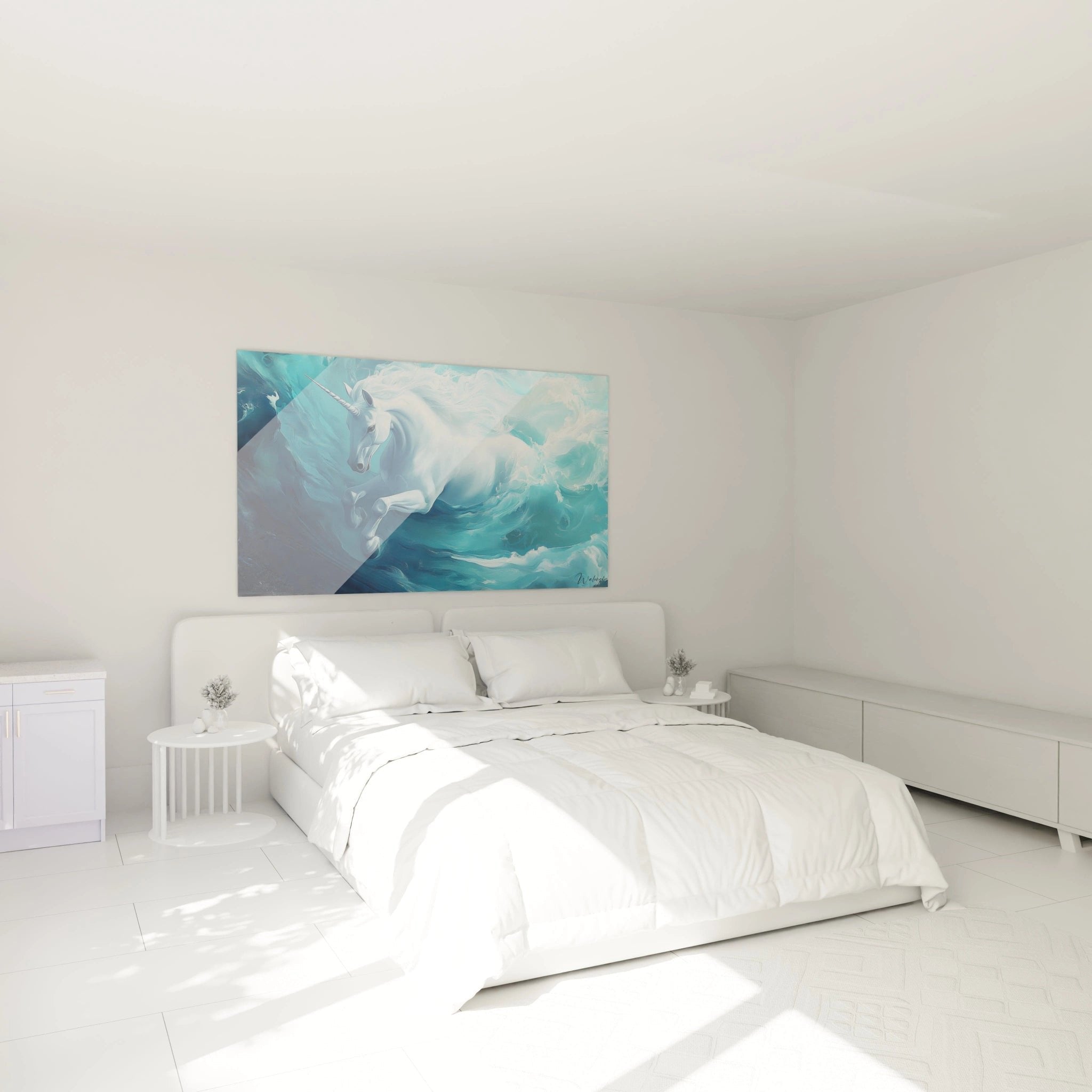 Einhorn Meereswellen Wandbild als stilvolle Dekoration im modernen Schlafzimmer Ambiente