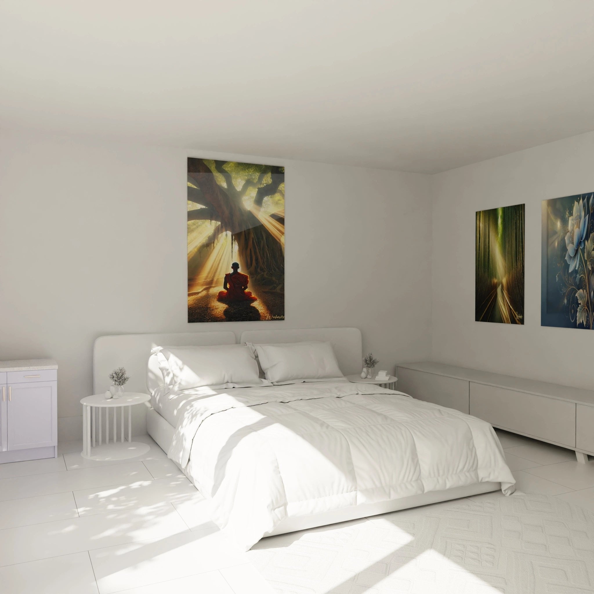 Meditatives Wandbild mit Mönch unter Bodhi-Baum als spirituelle Schlafzimmer Dekoration