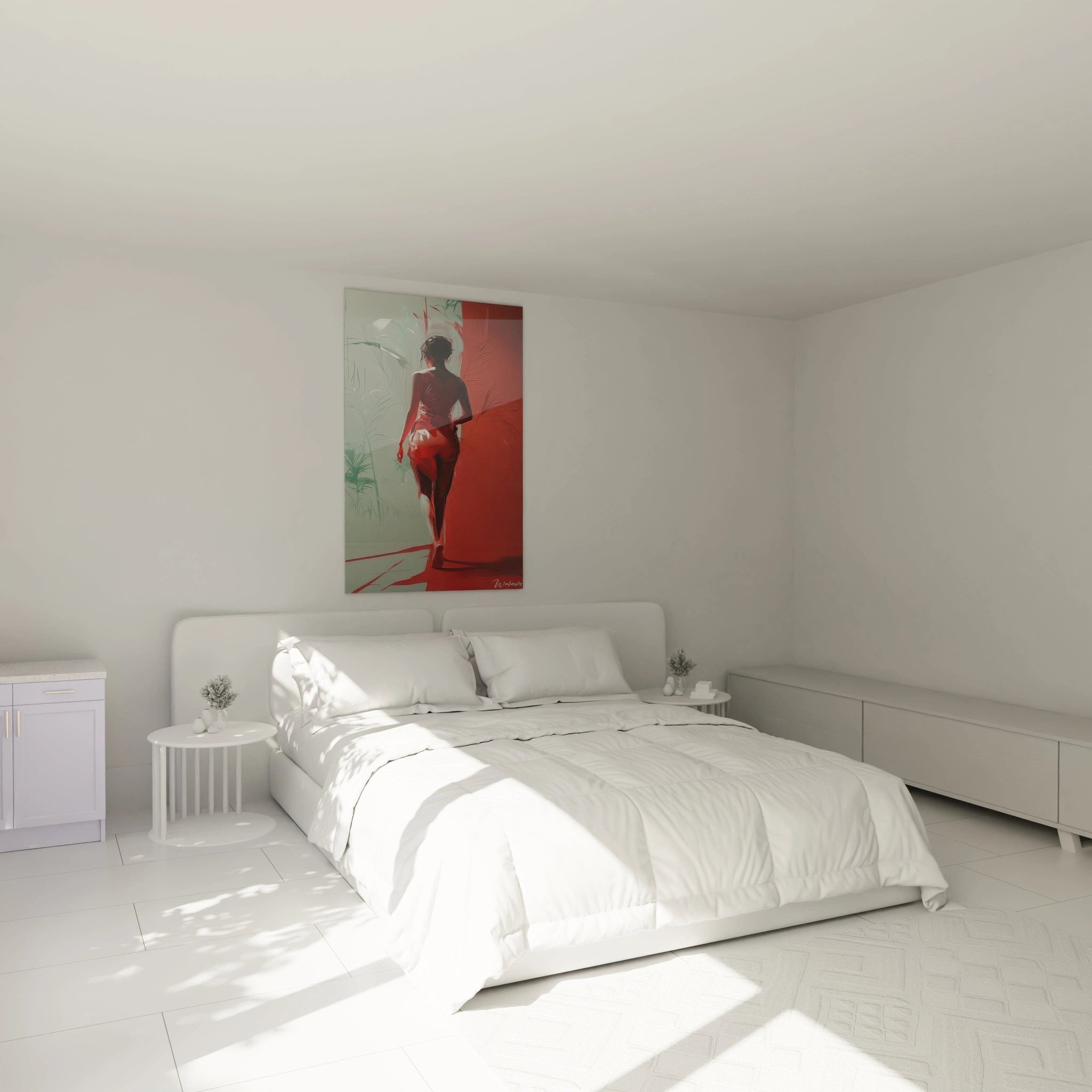 Elegantes Wandbild im Schlafzimmer zeigt Frau in rotem Kleid, sinnliche Wanddekoration