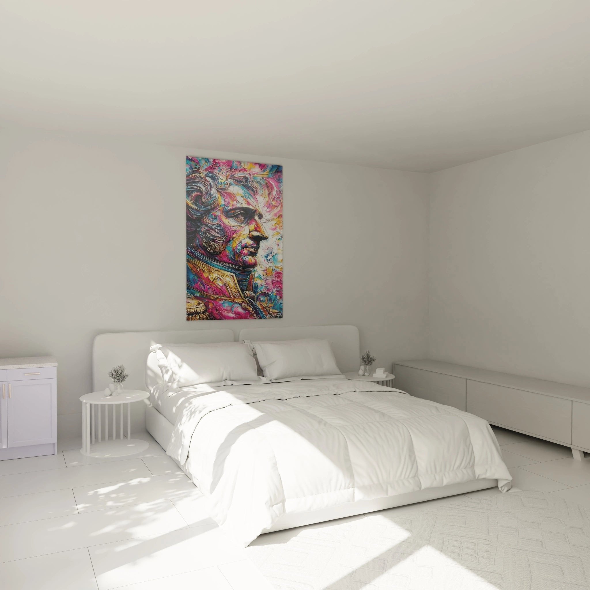 Wandbild psychedelisches Frauenportrait als Dekoration im modernen Schlafzimmer mit stimmungsvoller Beleuchtung