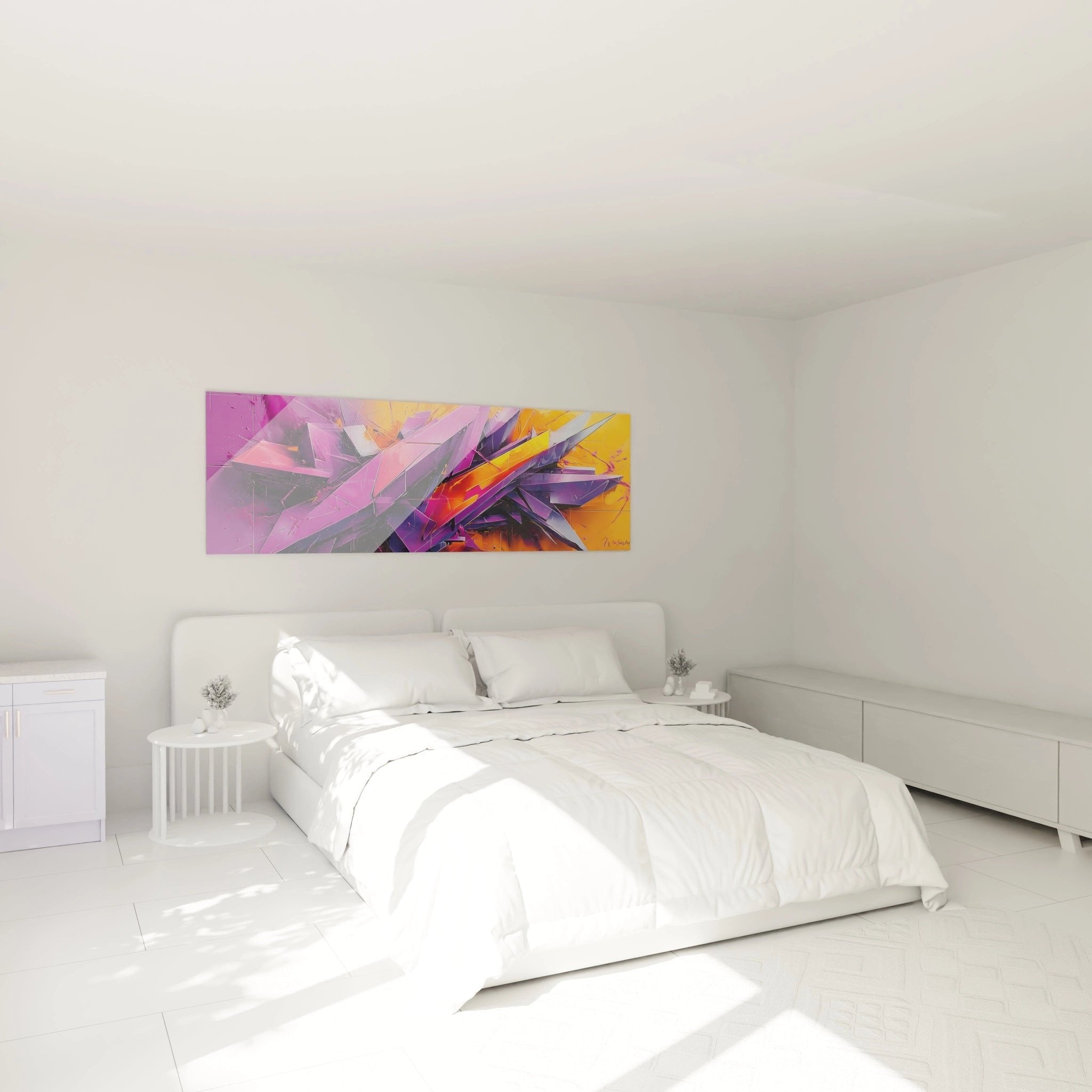 Modernes Schlafzimmer mit abstraktem Kristall-Wandbild in Violett und Orange über dem Bett