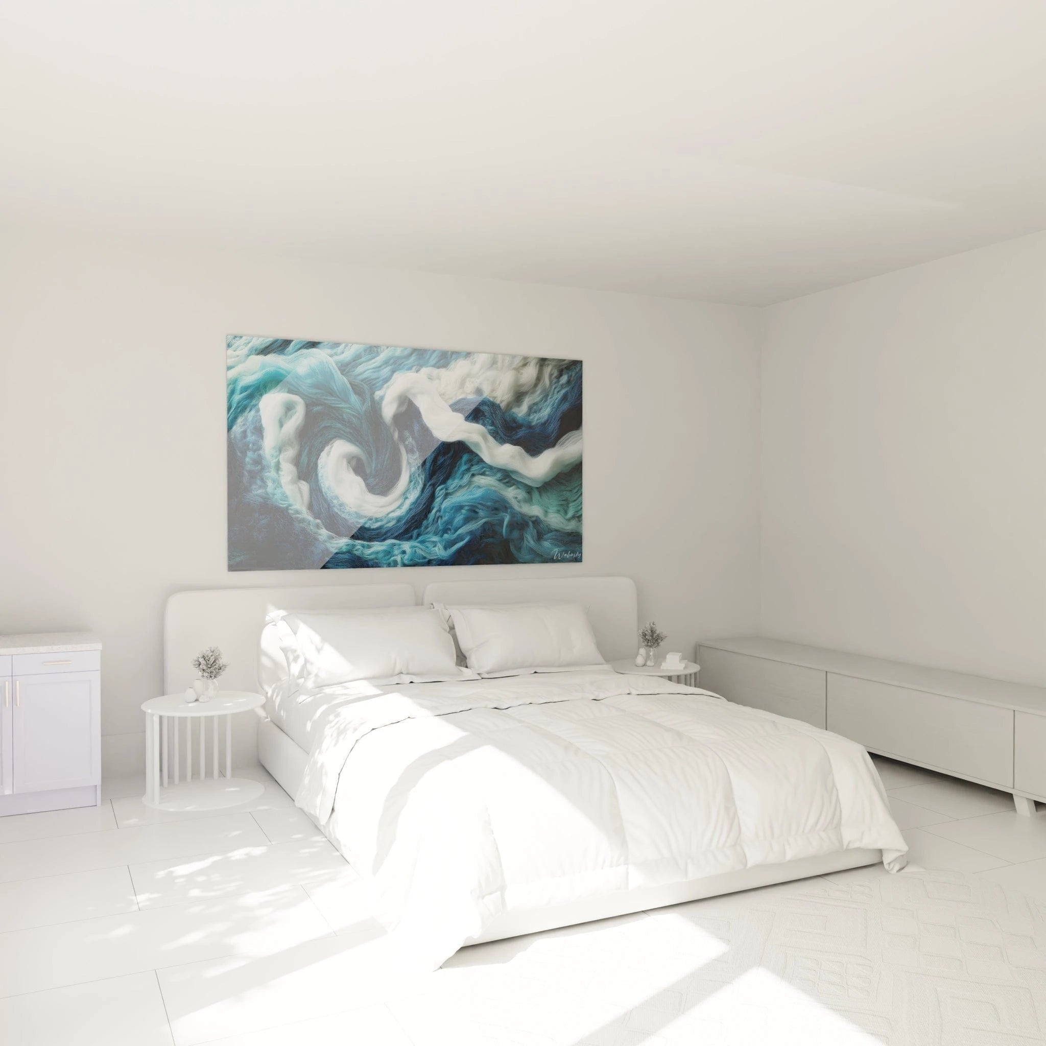 Häkeloptik Meereswellen Wandbild im modernen Schlafzimmer, maritime Wanddekoration in Blautönen