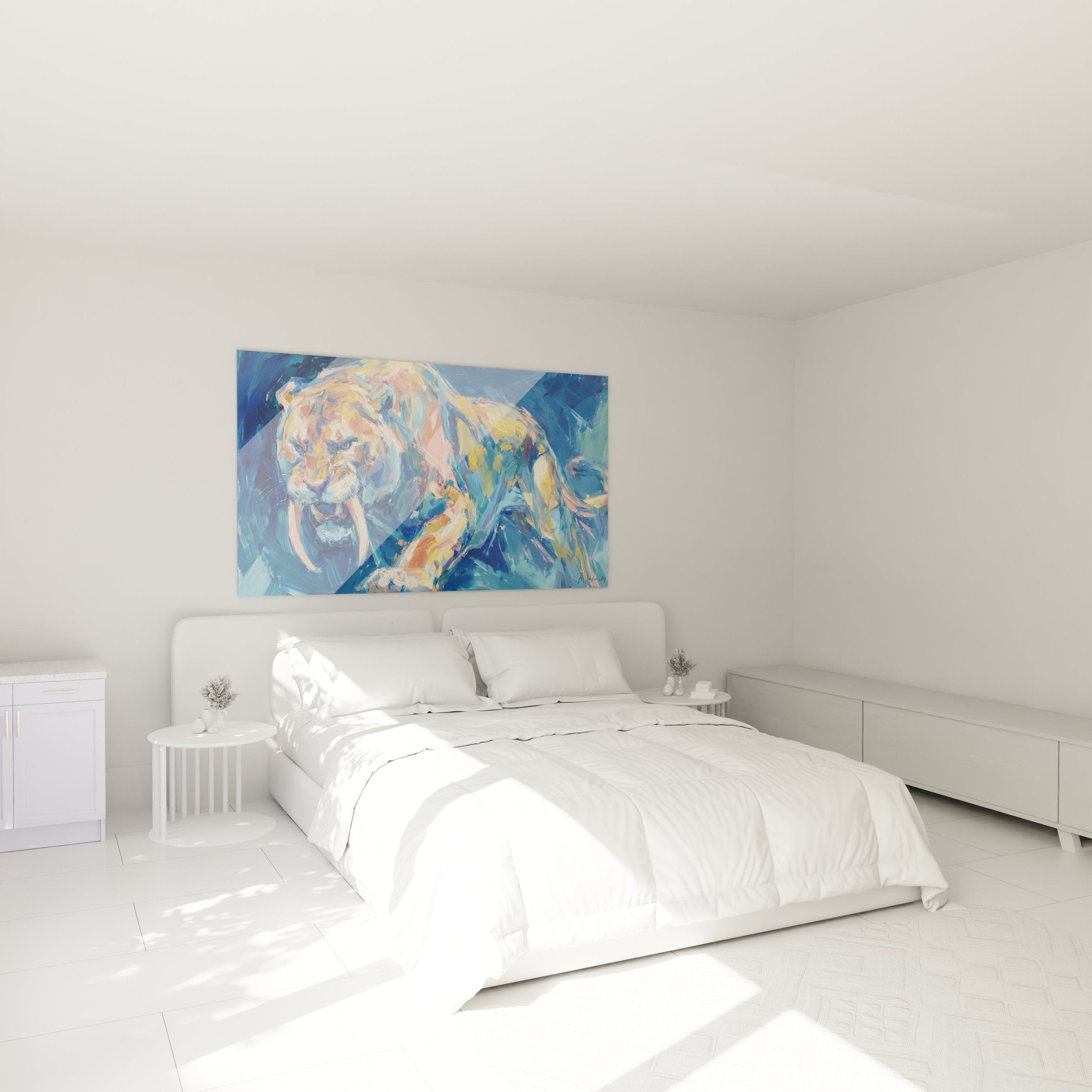 Säbelzahntiger Wandbild im Schlafzimmer - prähistorische Wanddekoration mit warmer Ausstrahlung