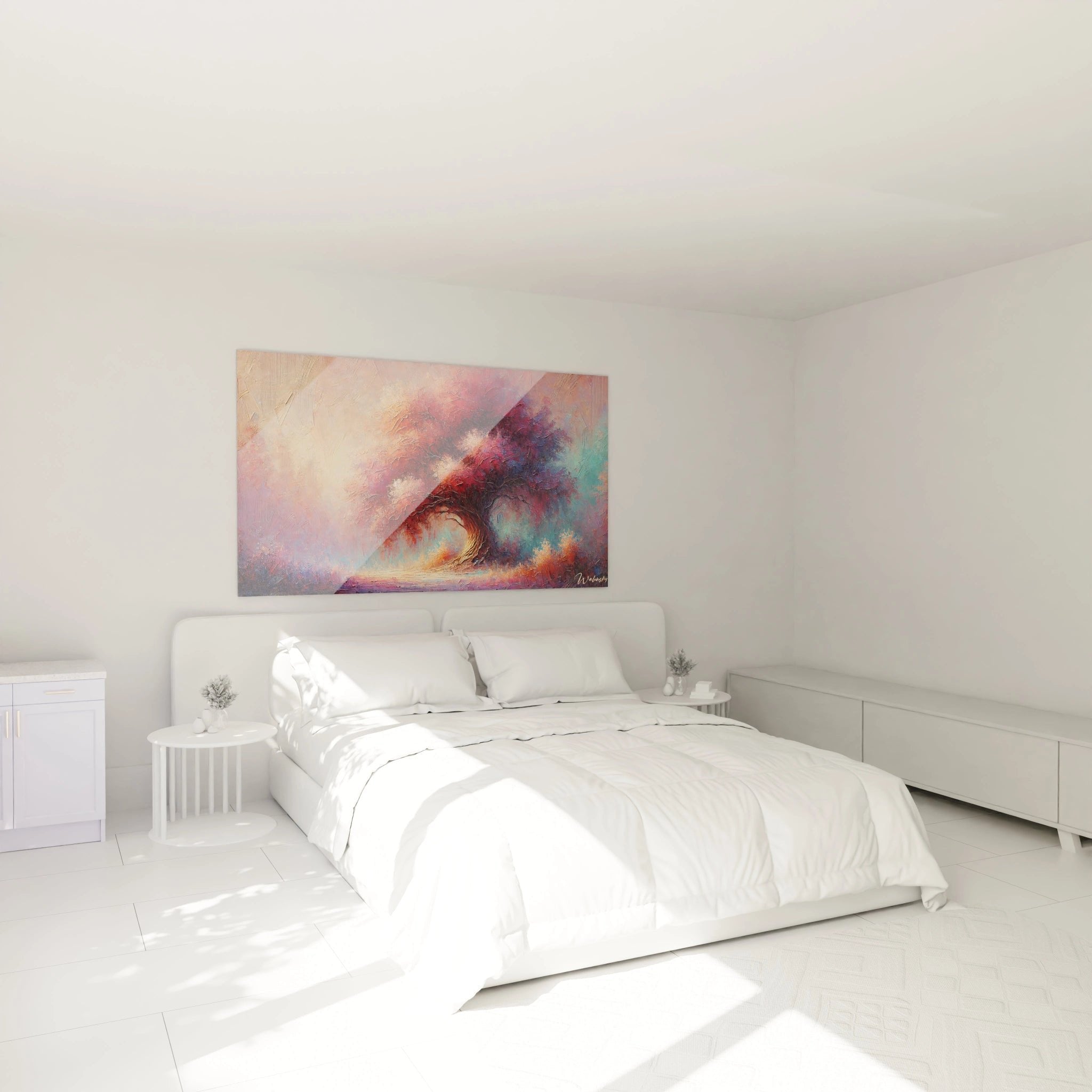 Wandbild abstrakte Baumkrone im modernen Schlafzimmer-Ambiente mit harmonischer Farbgestaltung