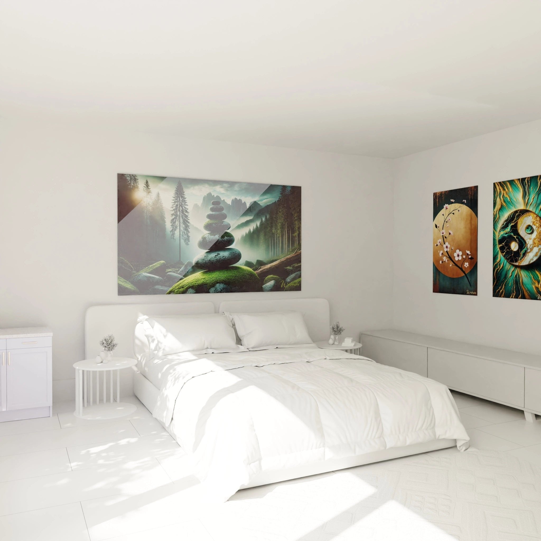 Zen-Steinturm Wandbild im Schlafzimmer - beruhigende Berglandschaft für entspanntes Wohnen