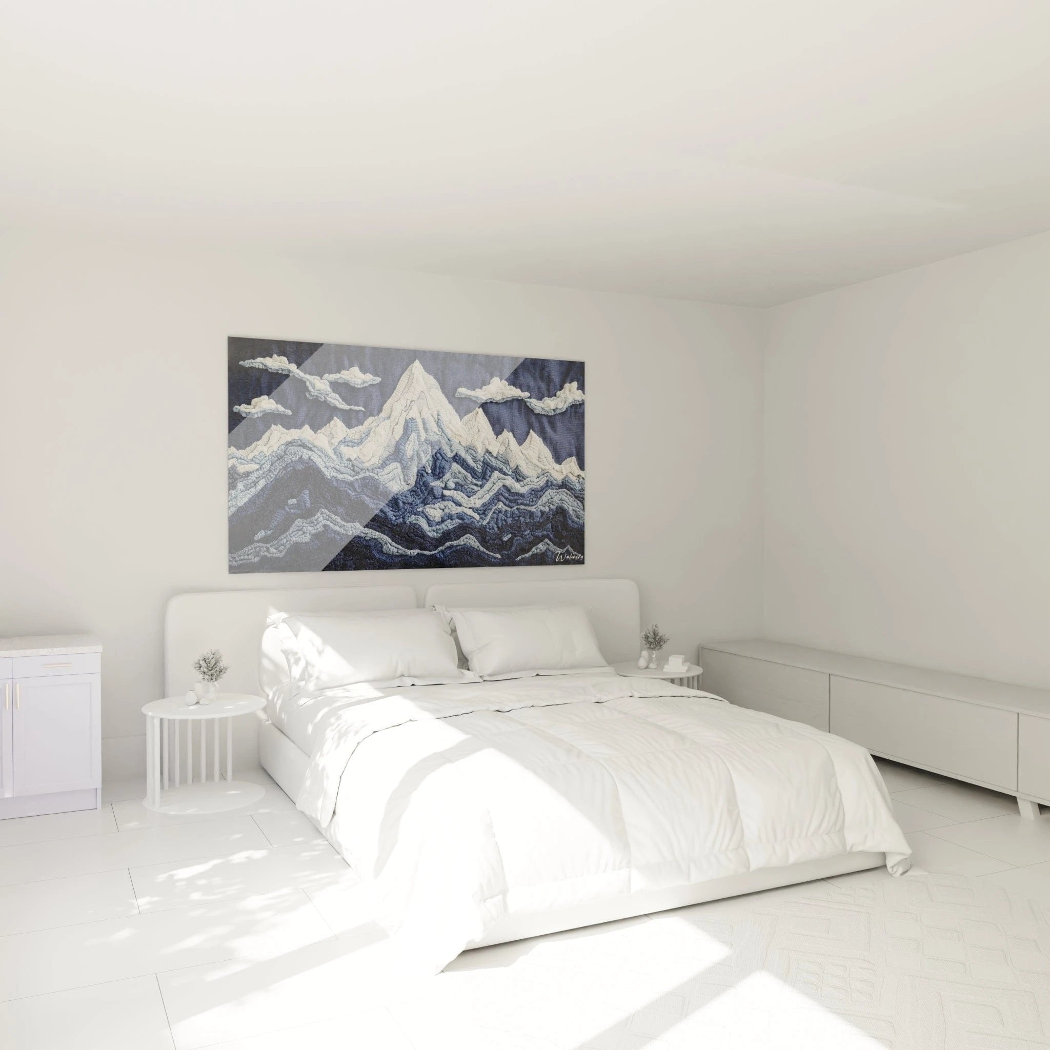 Elegante Schlafzimmereinrichtung mit Berglandschaft Wandbild in Häkeloptik über dem Bett als stilvoller Blickfang