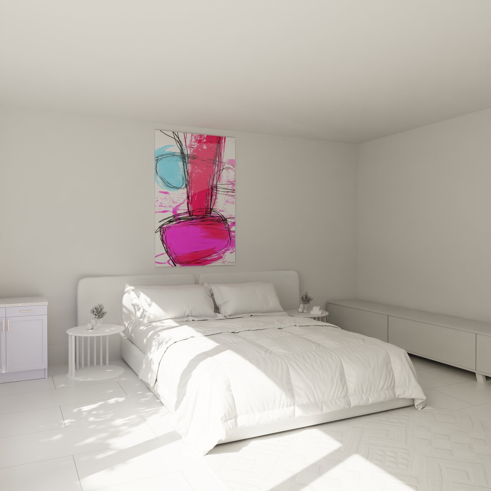 Modernes abstraktes Wandbild in Pink und Blau als Dekoration über dem Bett im zeitgenössischen Schlafzimmer