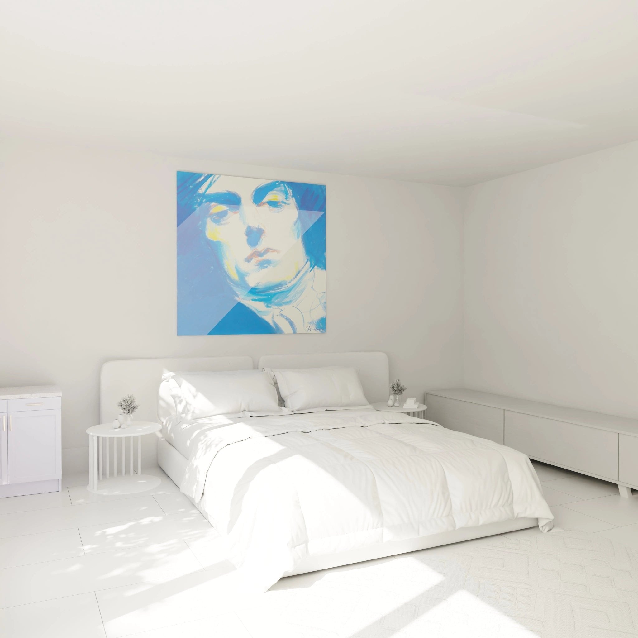Elegantes Schlafzimmer mit königlichem Portrait Wandbild in blauer Farbgebung als stilvolle Wanddekoration