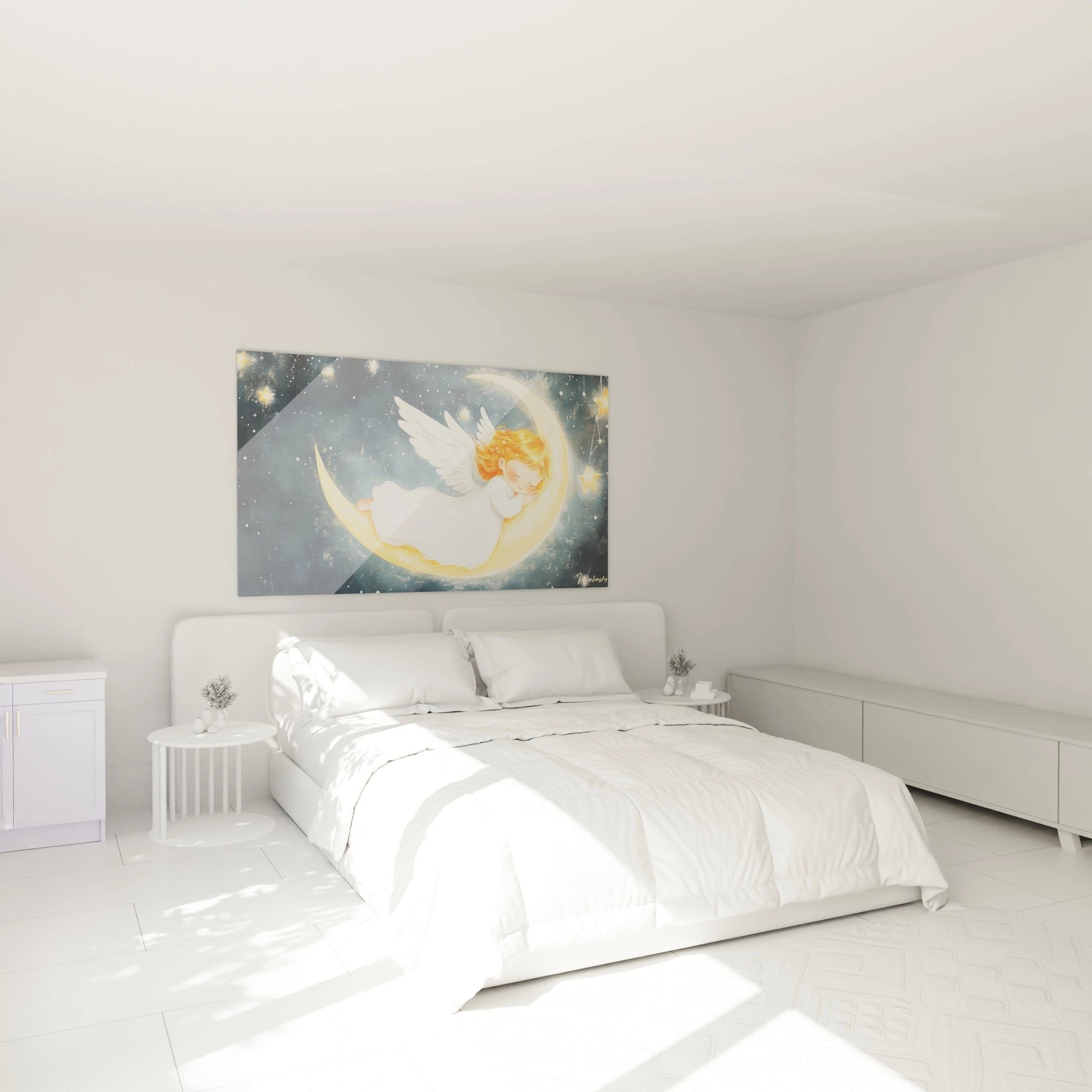 Engel Wandbild im Schlafzimmer, goldener Mond mit ruhendem Cherub schafft beruhigende Atmosphäre an der Wand