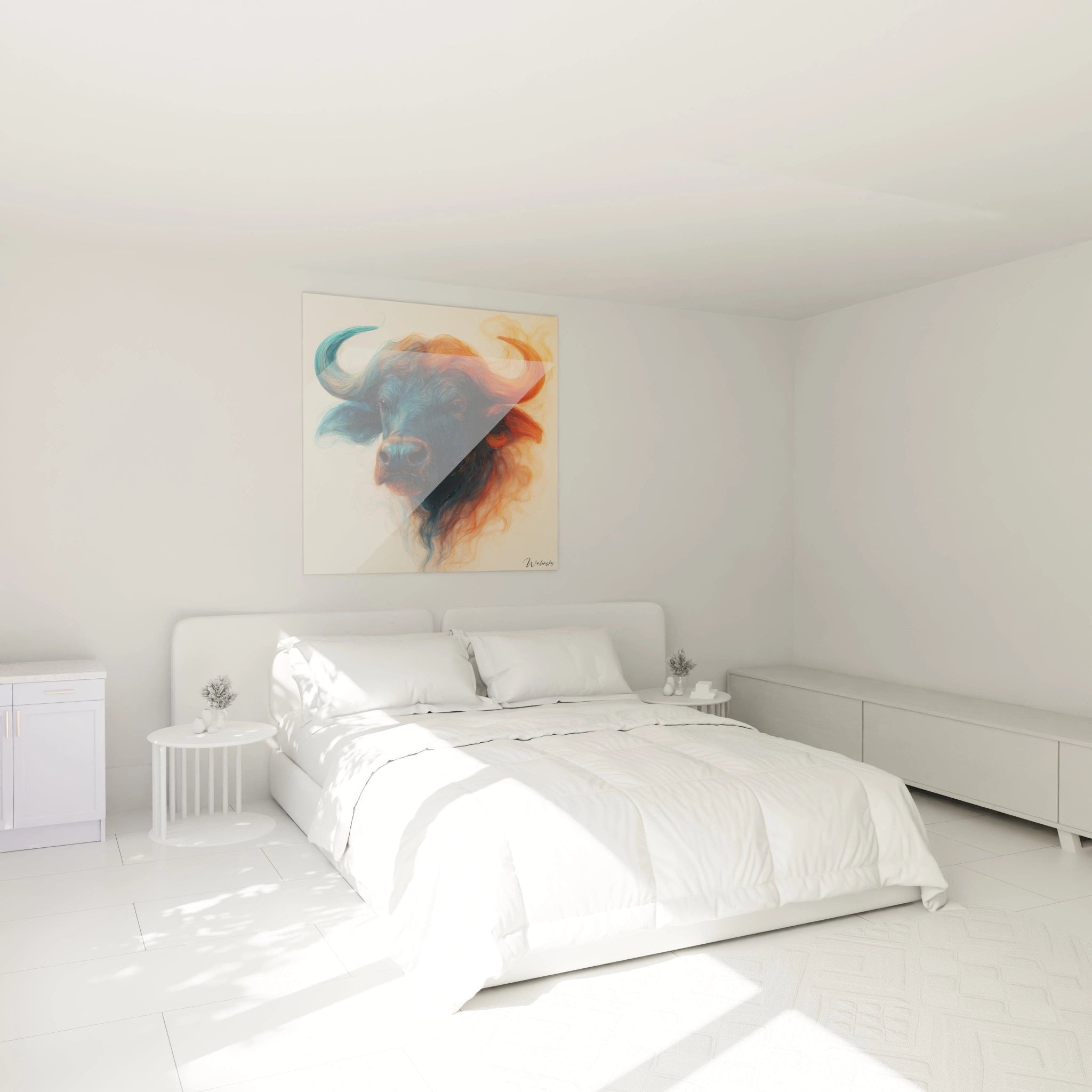 Büffel Fluid Art Wandbild über Bett im modernen Schlafzimmer mit warmer Beleuchtung
