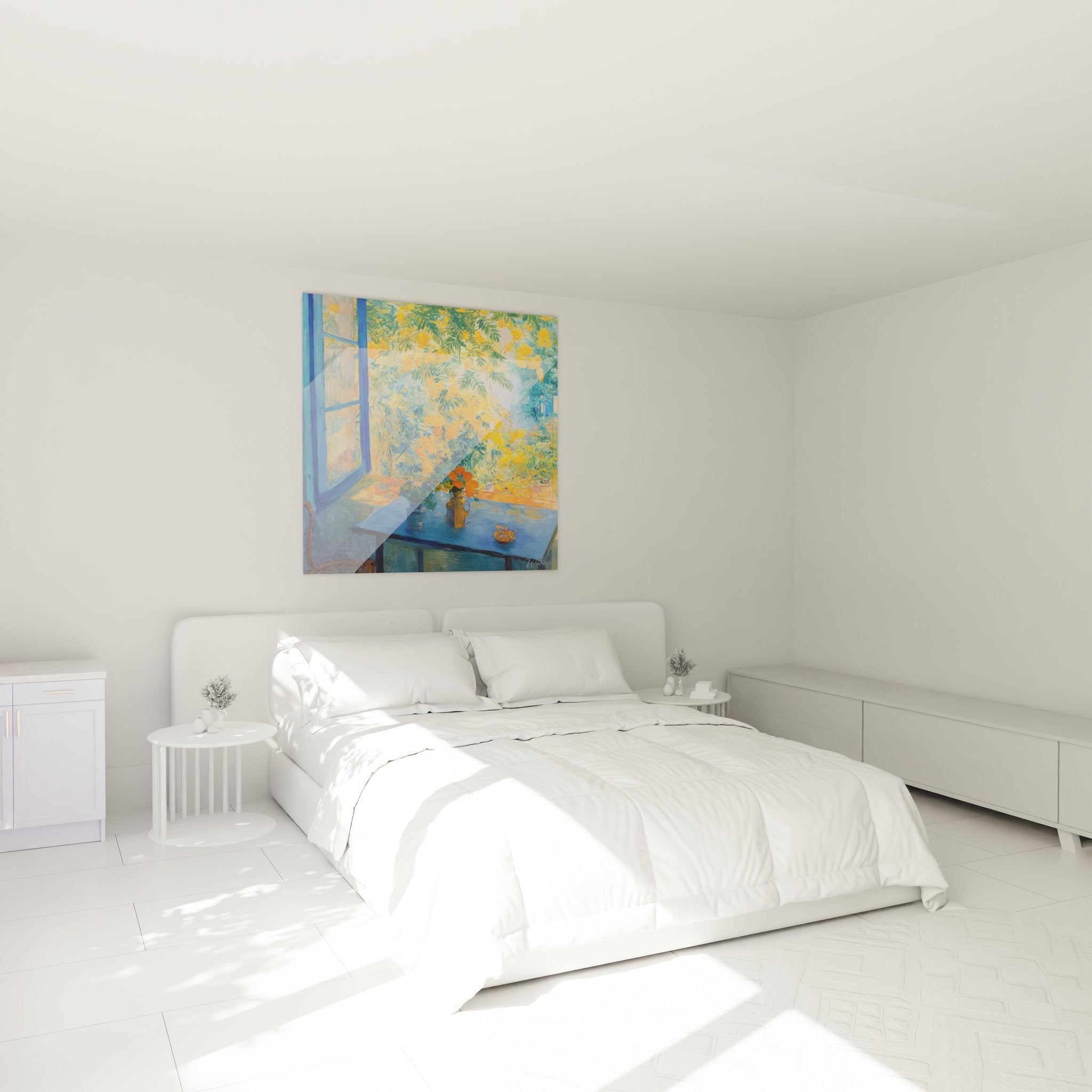 Schlafzimmer Dekoration mit Wandbild Gartenszene, Tisch am Fenster mit Mimosenblüten