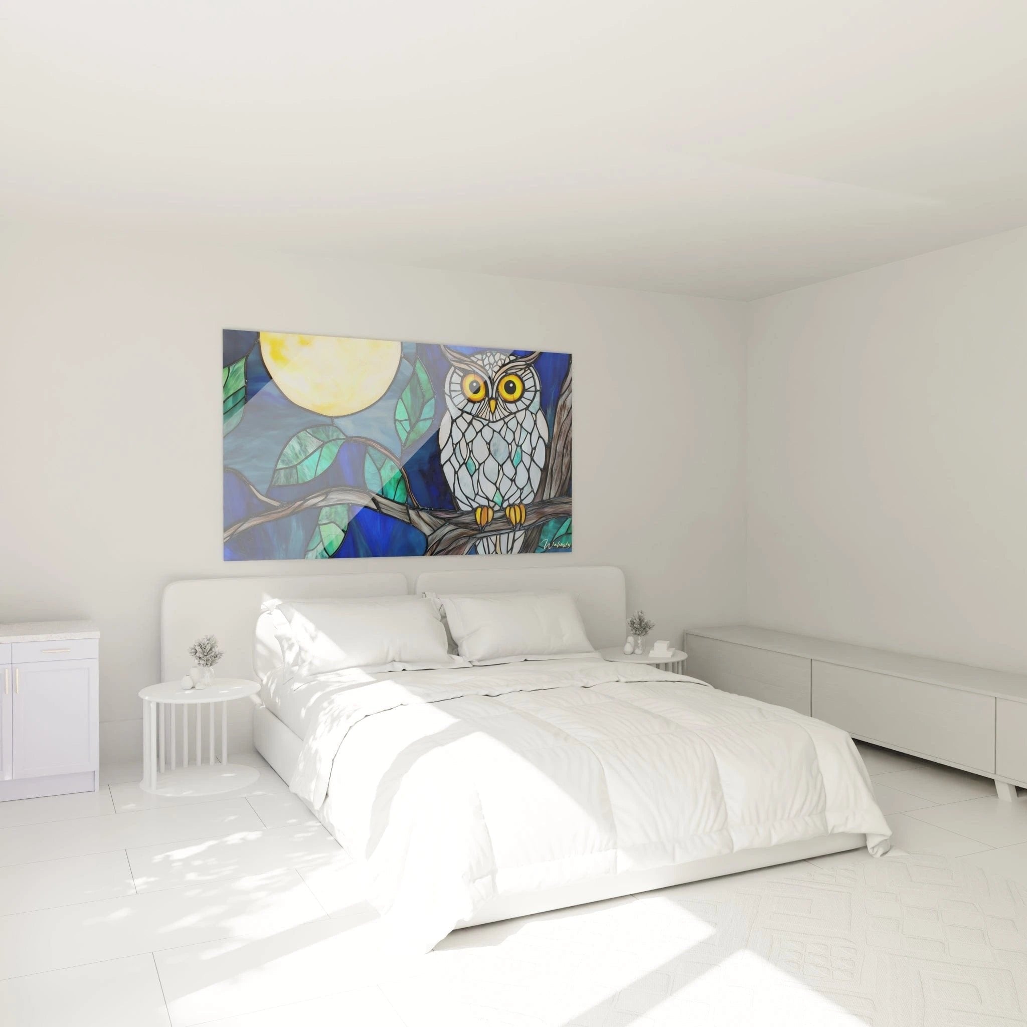 Eulenmotiv Glasmalerei-Stil als Wanddekoration im Schlafzimmer, beruhigende Atmosphäre