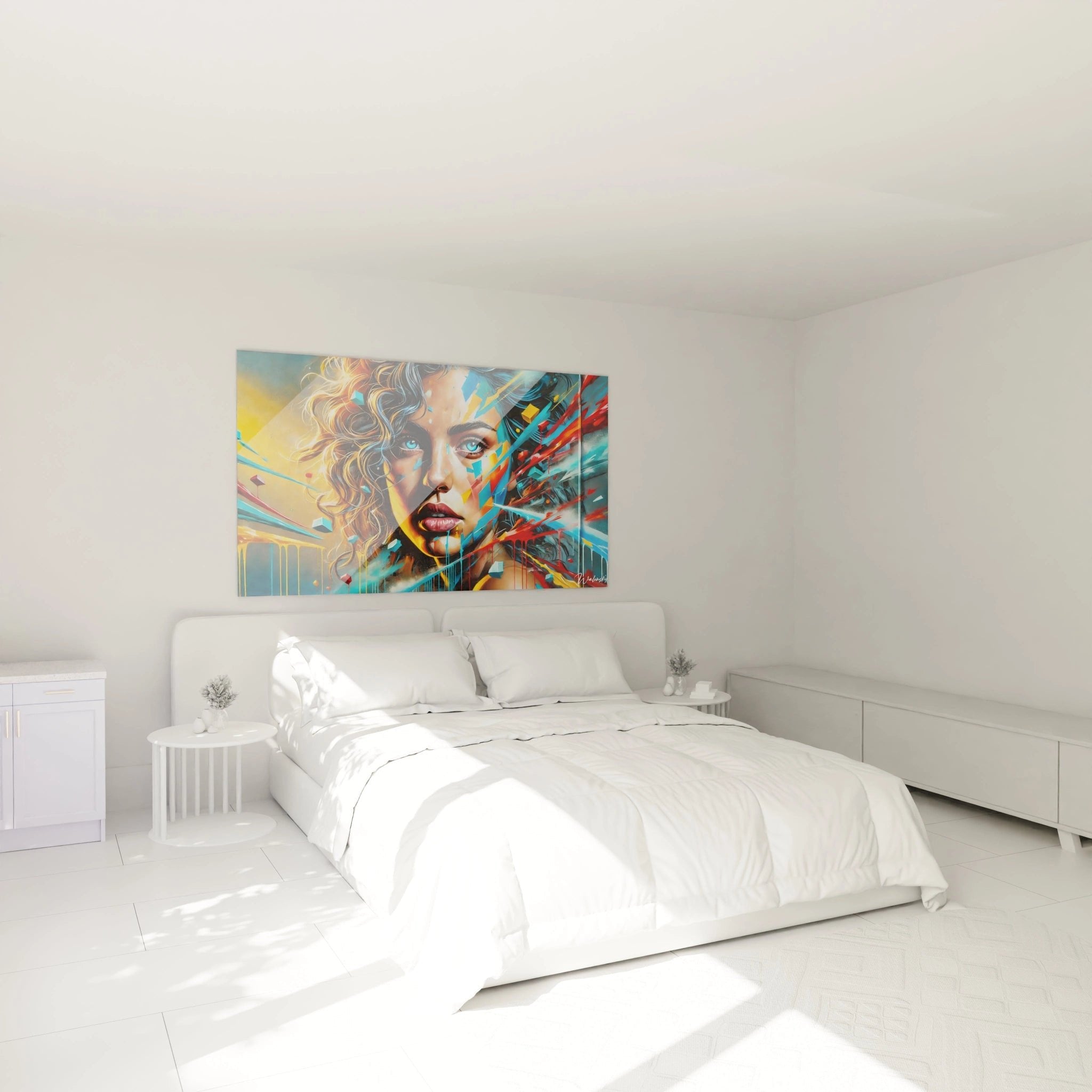 Graffiti Wandbild Frauenporträt im modernen Schlafzimmer mit urbaner Street-Art Atmosphäre