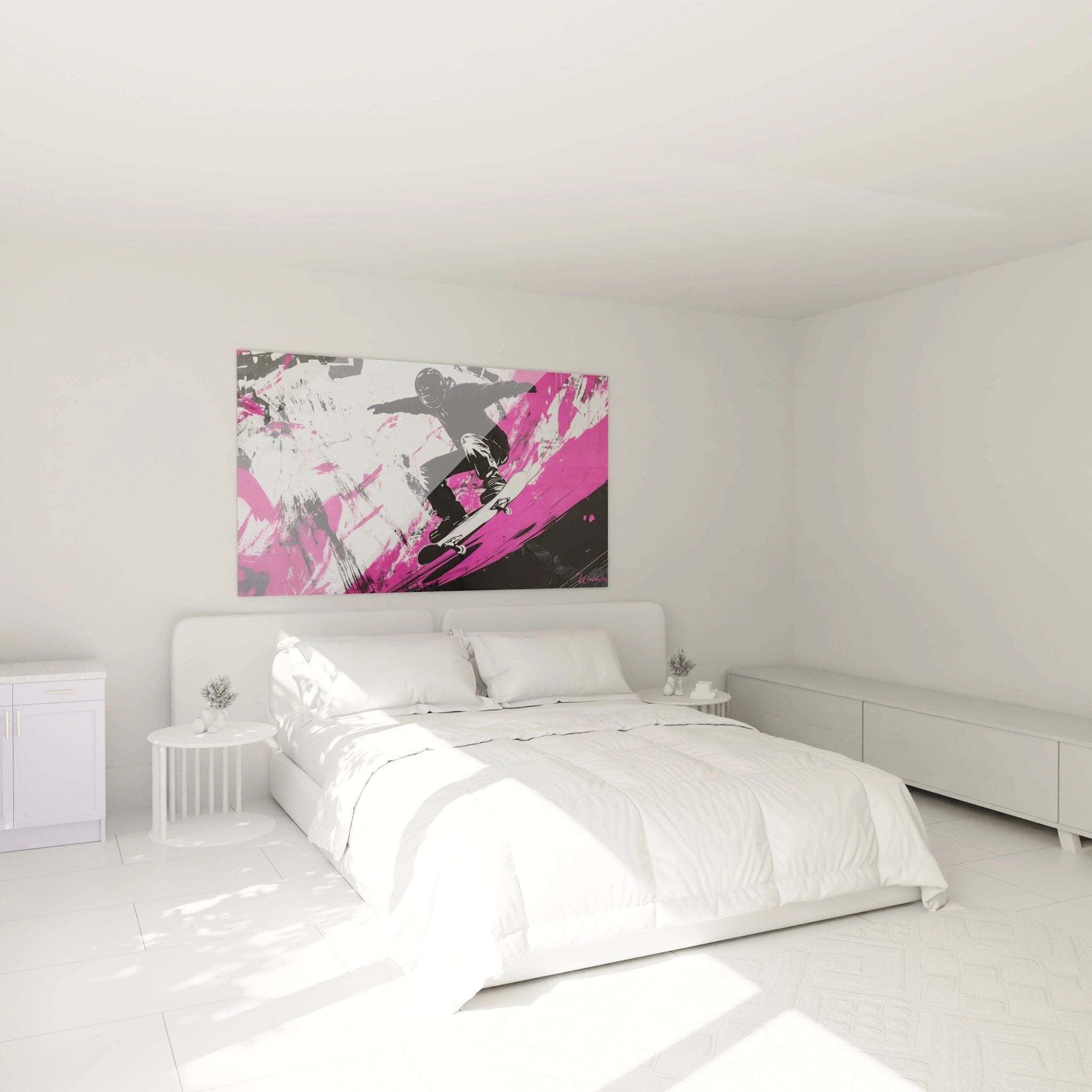 Skateboarder Street Art Wandbild als moderner Akzent über dem Bett im urbanen Schlafzimmer