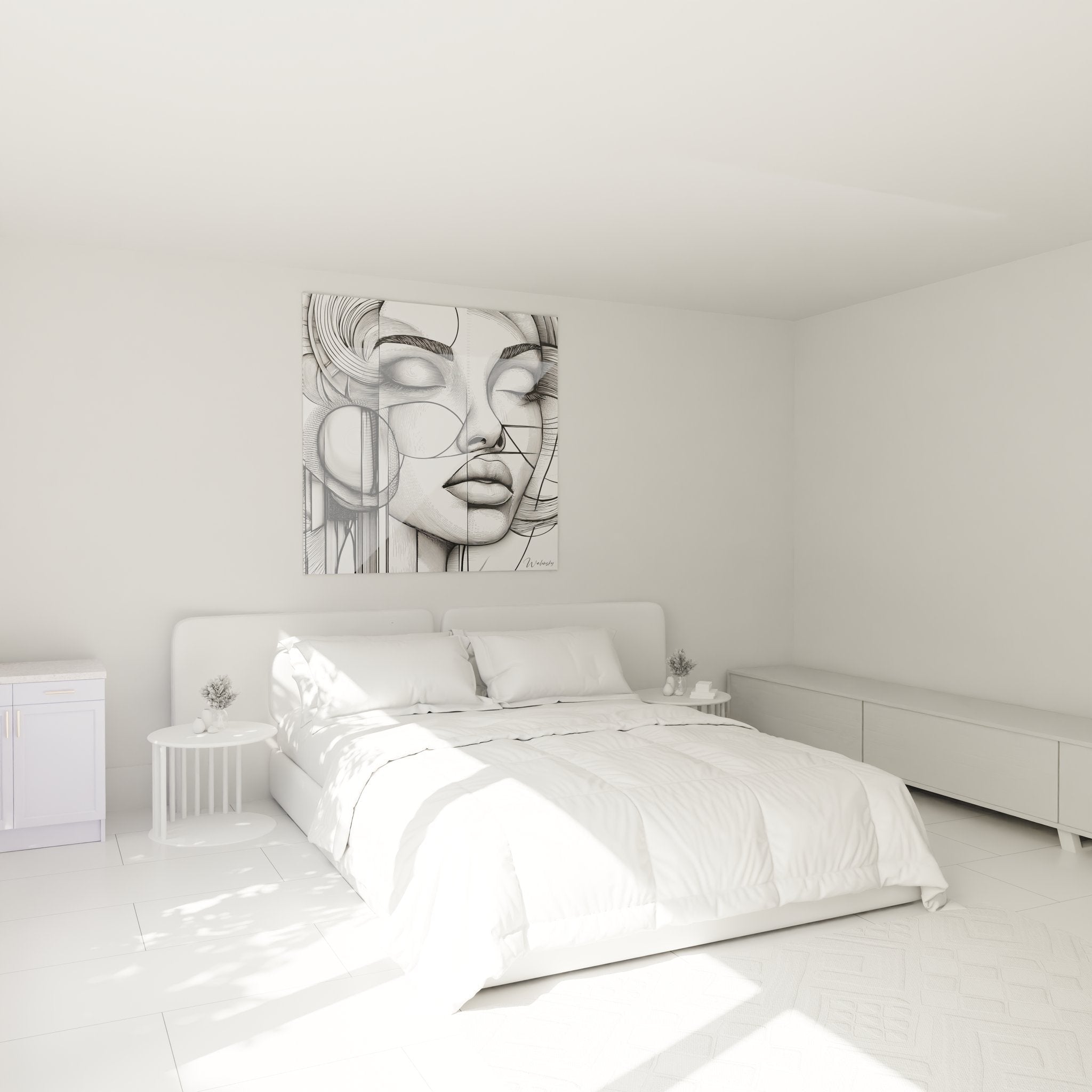 Modernes Schlafzimmer mit abstraktem Frauenportrait Wandbild in schwarz-weiß über dem Bett