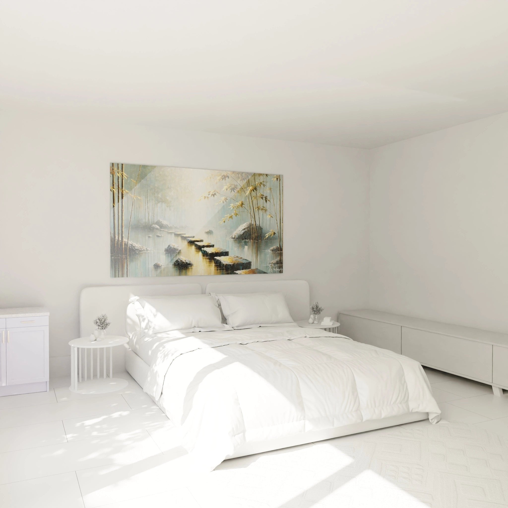 Zen Wandbild mit Bambuswald und Steinweg im Schlafzimmer für meditative Raumatmosphäre