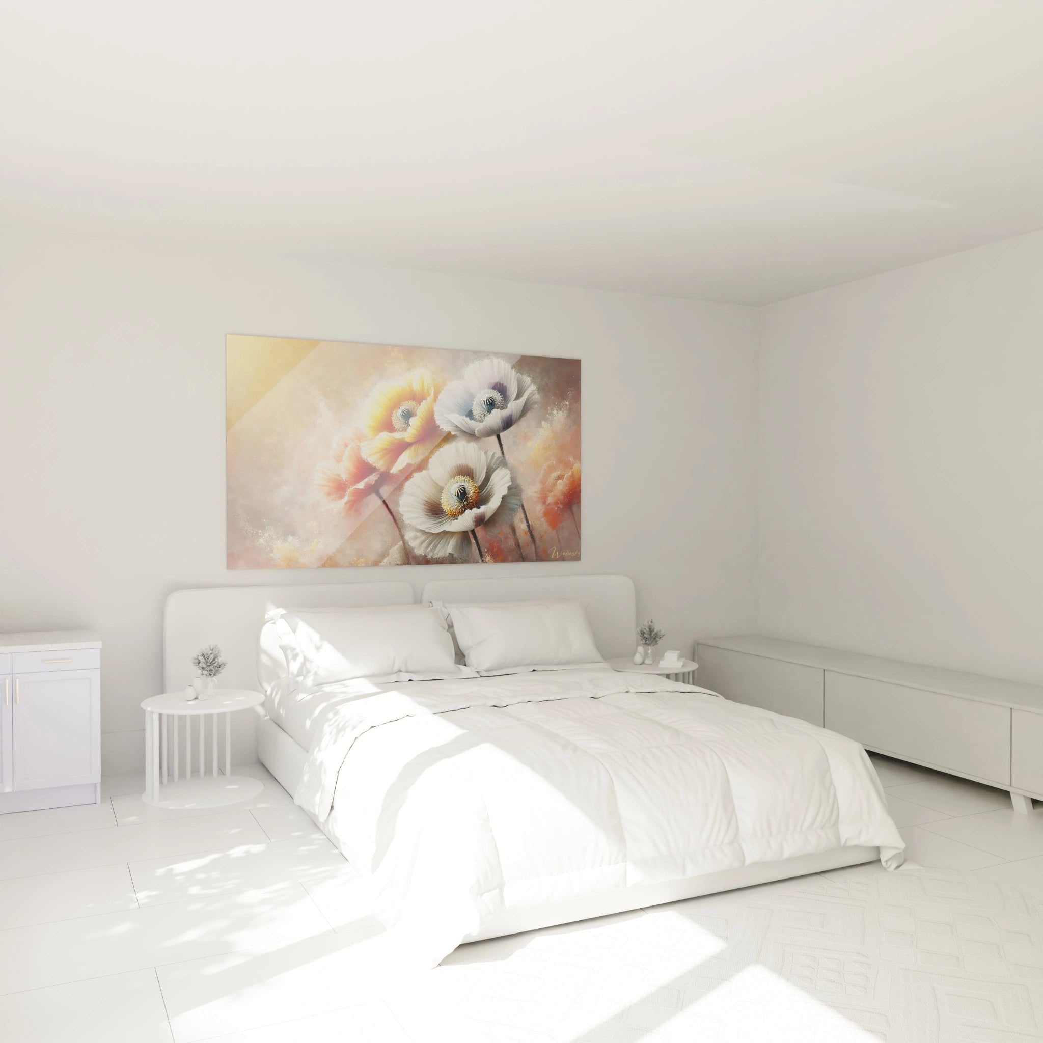 Mohnblumen Wandbild im Schlafzimmer, elegante Aquarellkunst über dem Bett in warmen Farbtönen