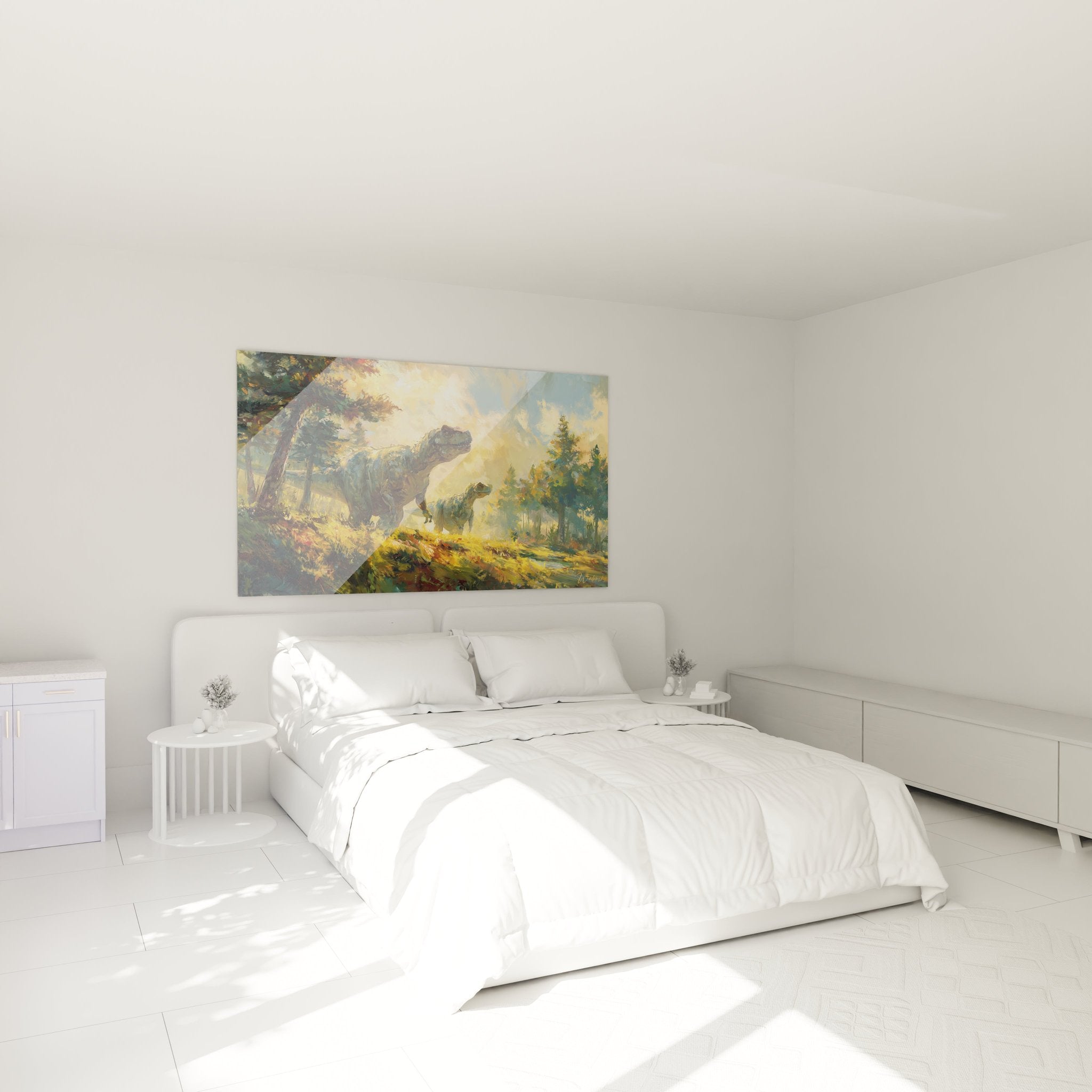 Dinosaurier Wandbild T-Rex im Schlafzimmer - stimmungsvolle Wanddekoration mit prähistorischem Motiv