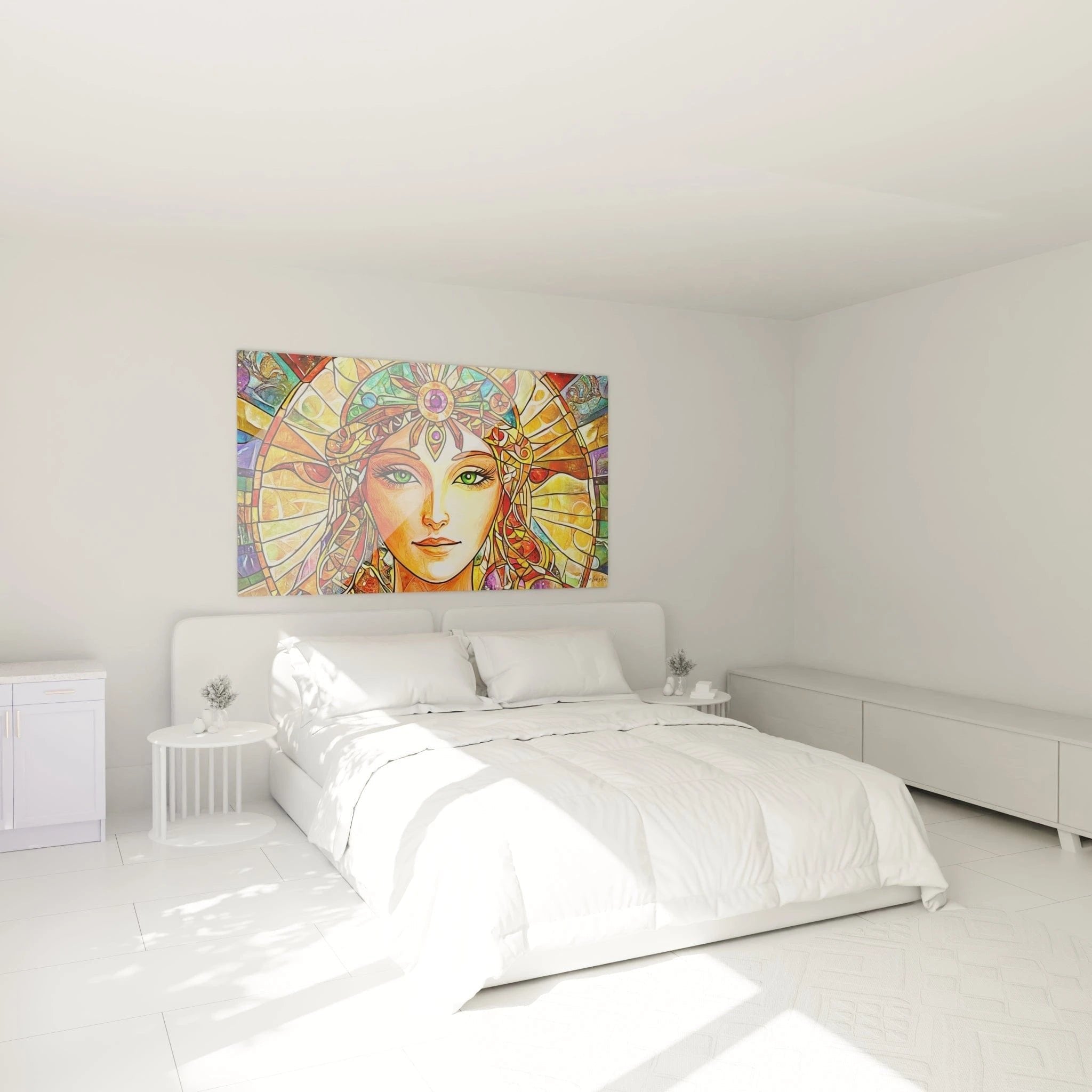 Sonnengöttin Glasmalerei-Wandbild im Schlafzimmer schafft spirituelle Atmosphäre
