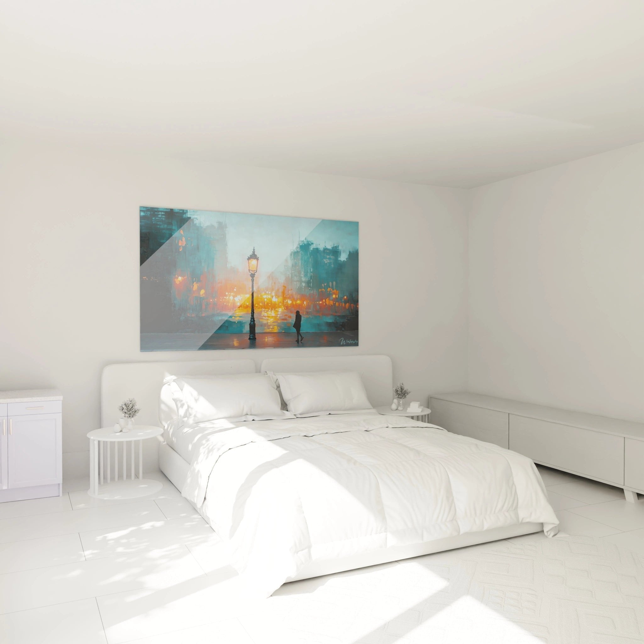 Atmosphärisches Stadtbild mit Laterne im modernen Schlafzimmer als stimmungsvolle Wanddekoration