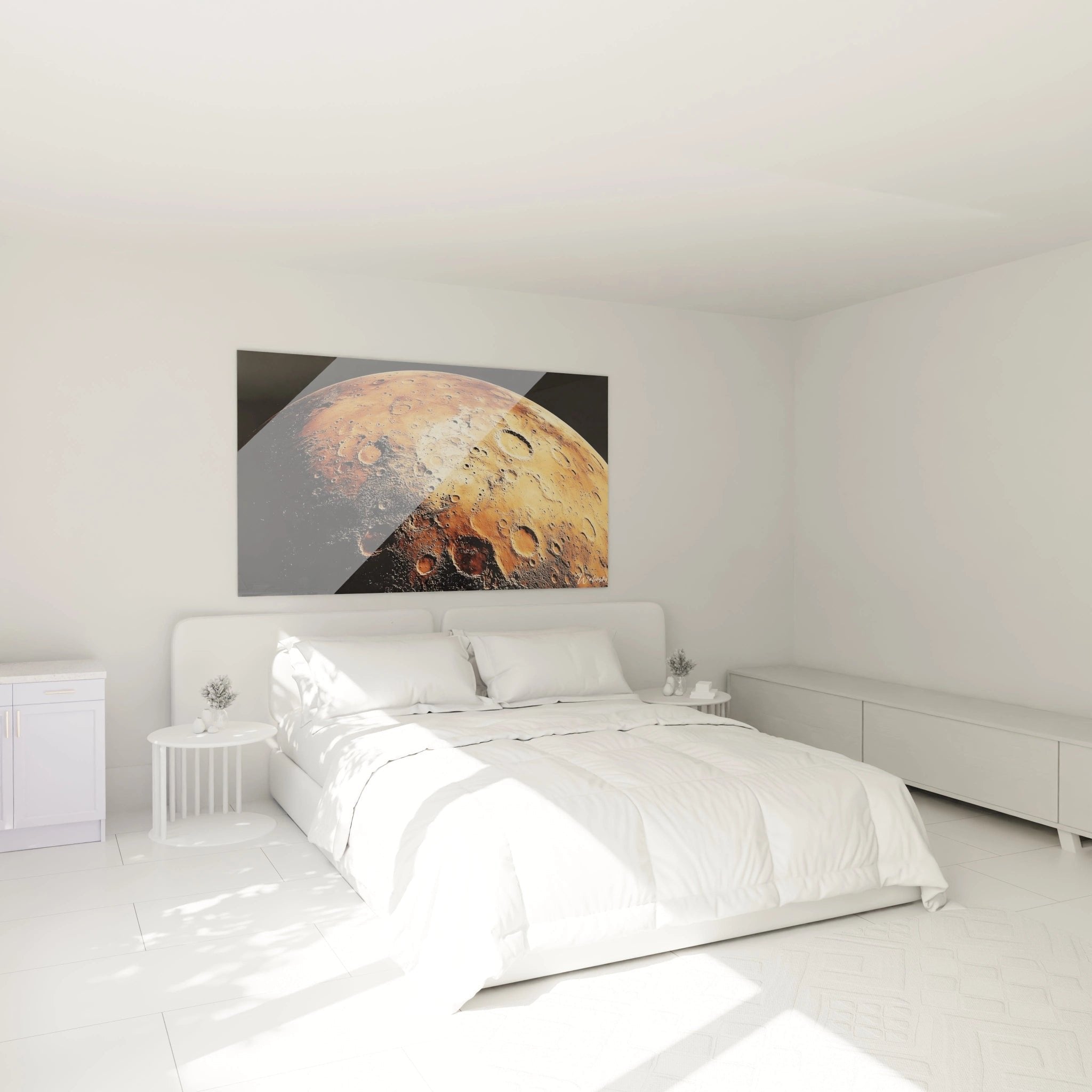 Mond Wandbild im Schlafzimmer, warme Atmosphäre durch Weltraum Motiv mit Kratern