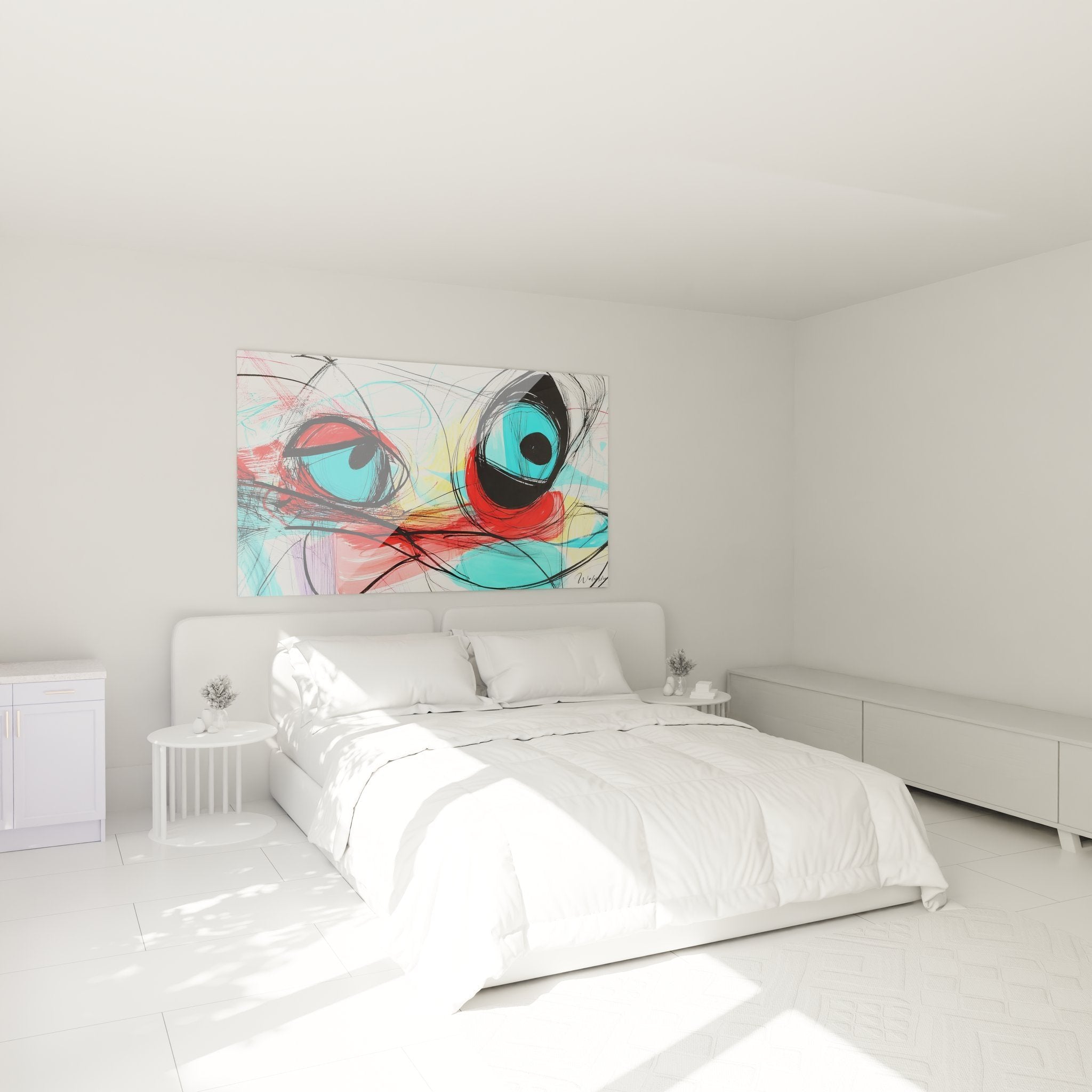 Modernes Wandbild mit abstrakten Augen über dem Bett im Schlafzimmer für emotionale Raumgestaltung