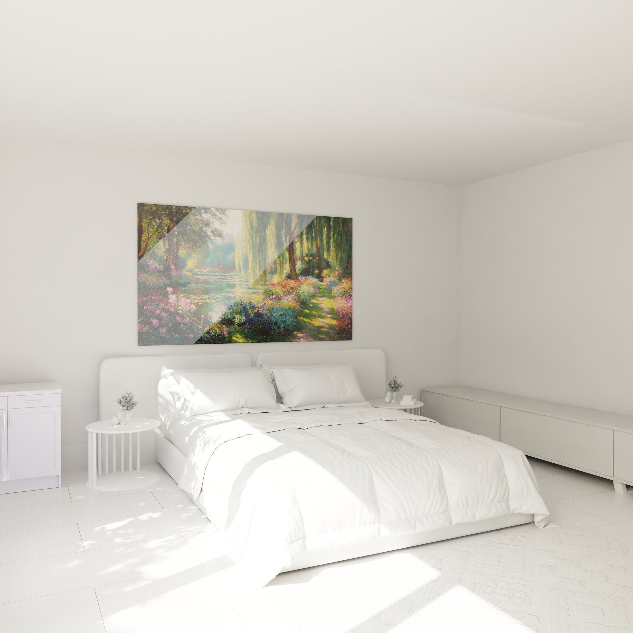 Impressionistisches Gartenwandbild über Bett im Schlafzimmer schafft friedvolle Atmosphäre