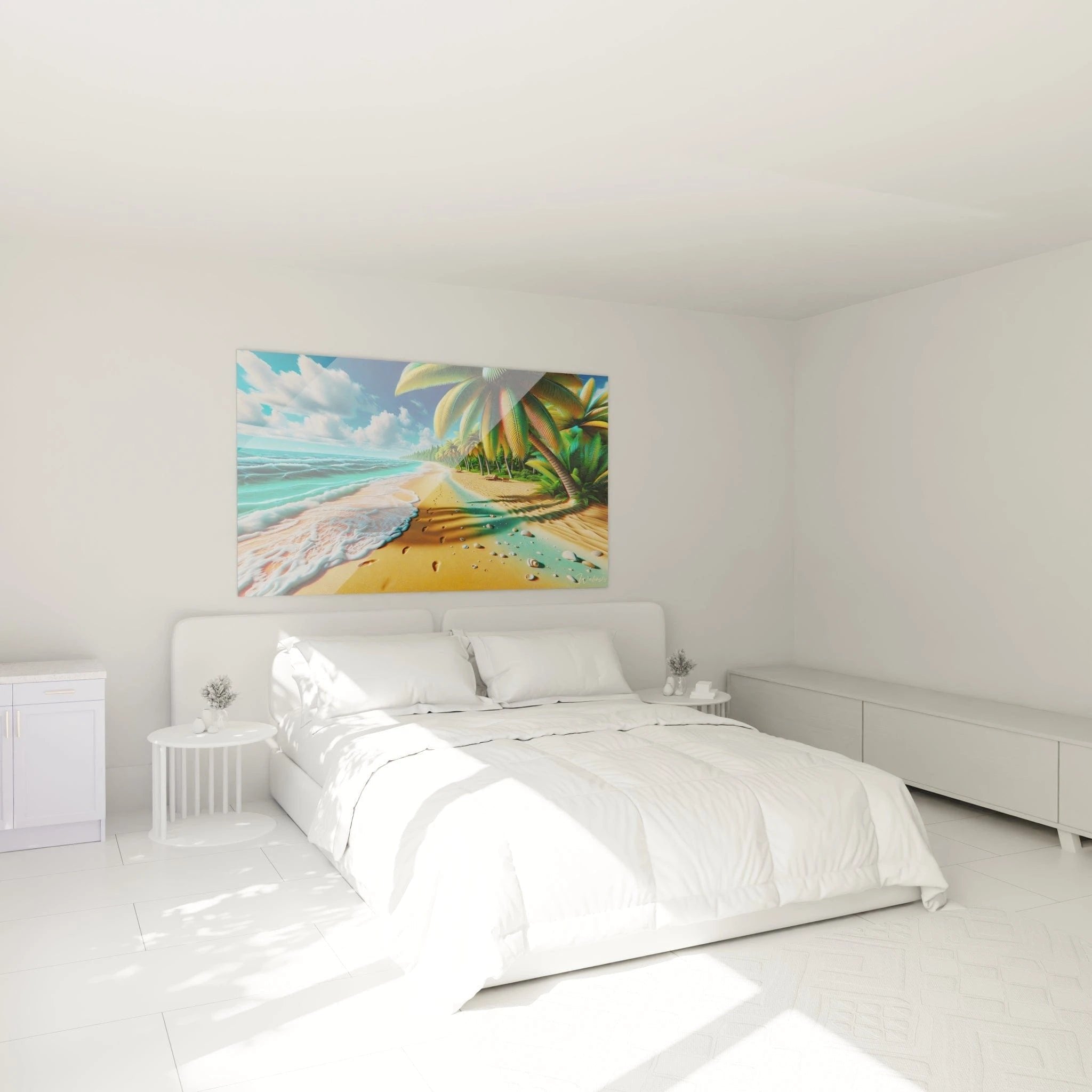 Schlafzimmer Dekoration mit Wandbild tropischer Palmenstrand für entspannende Urlaubsatmosphäre