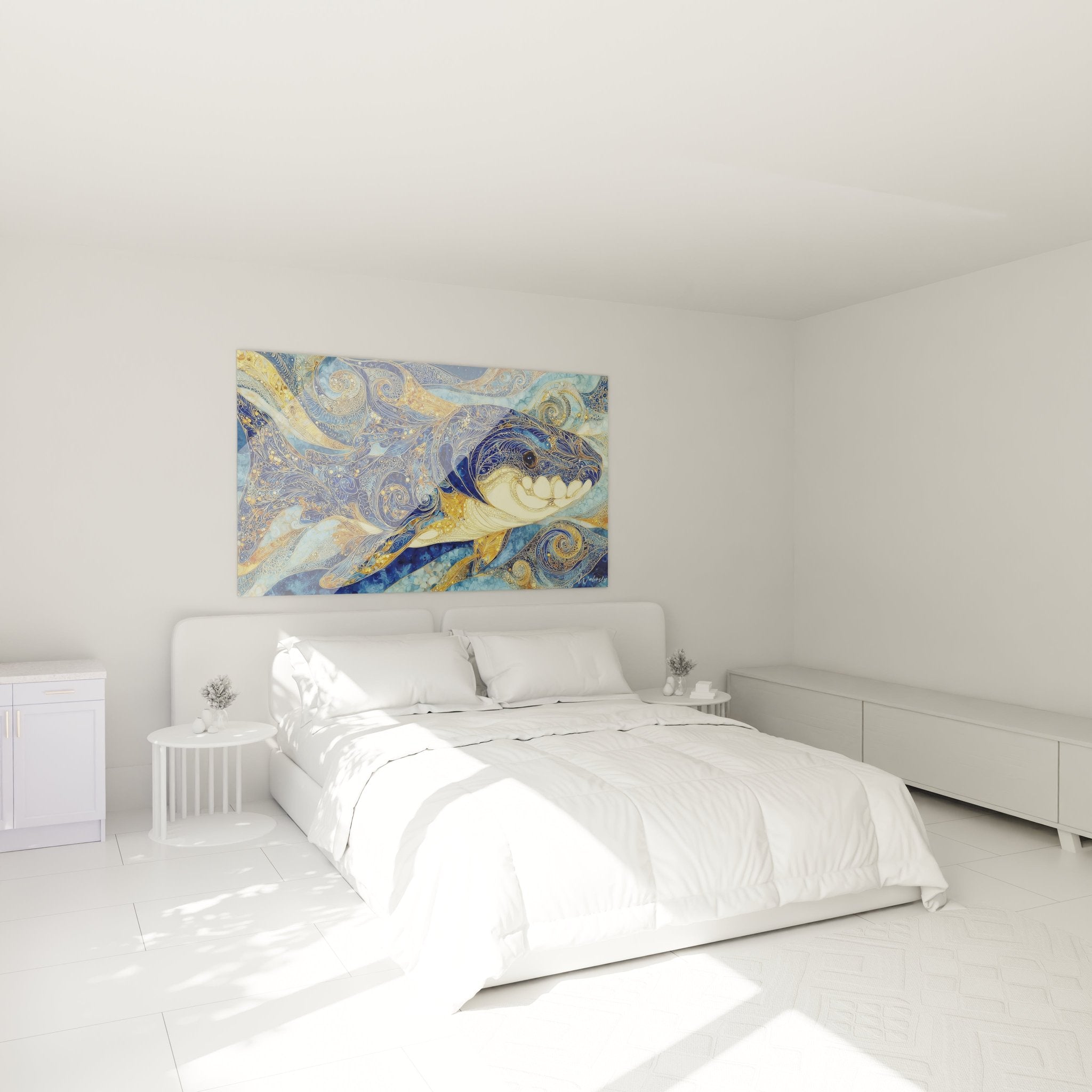Dunkleosteus Wandbild im Schlafzimmer-Ambiente mit eleganter blau-goldener ornamentaler Darstellung