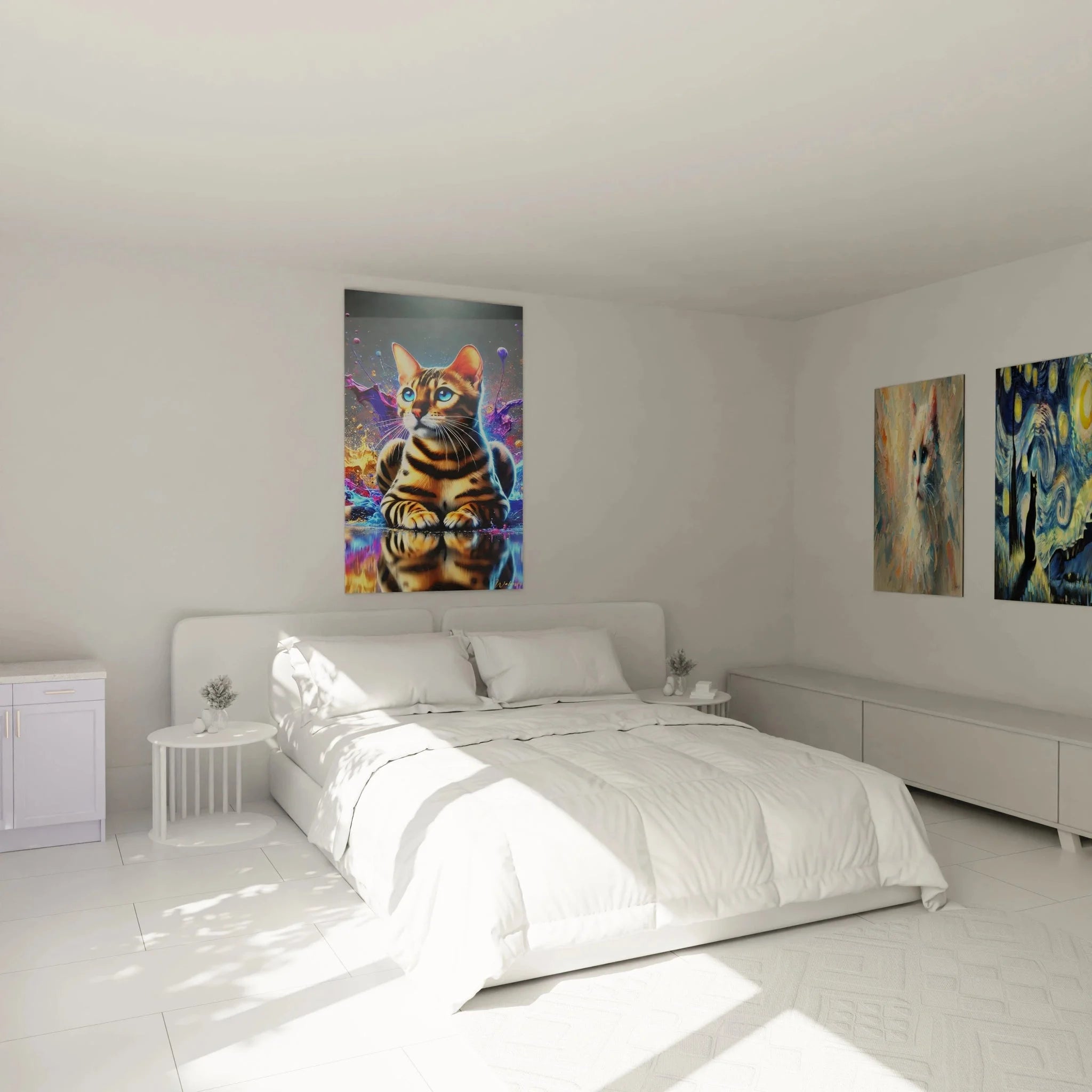 Bengal Katze Wandbild im Schlafzimmer - moderne Katzendeko mit blauen Augen und Farbexplosionen