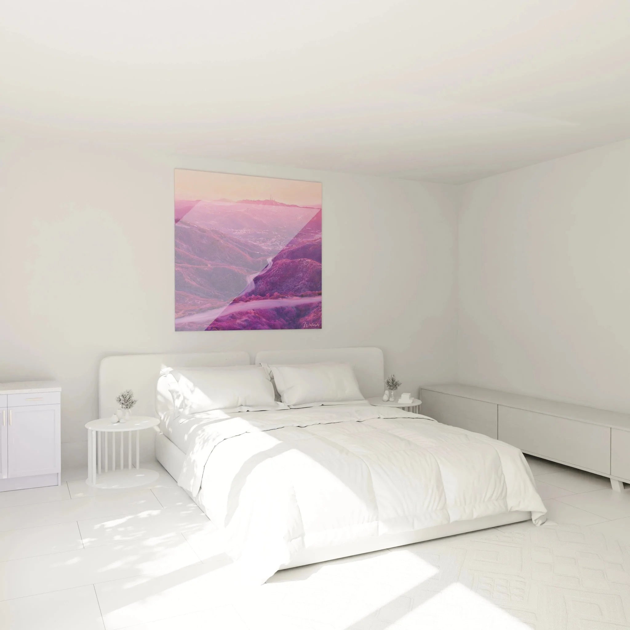 Pinkes Berglandschaft Wandbild als moderne Schlafzimmer Dekoration über dem Bett
