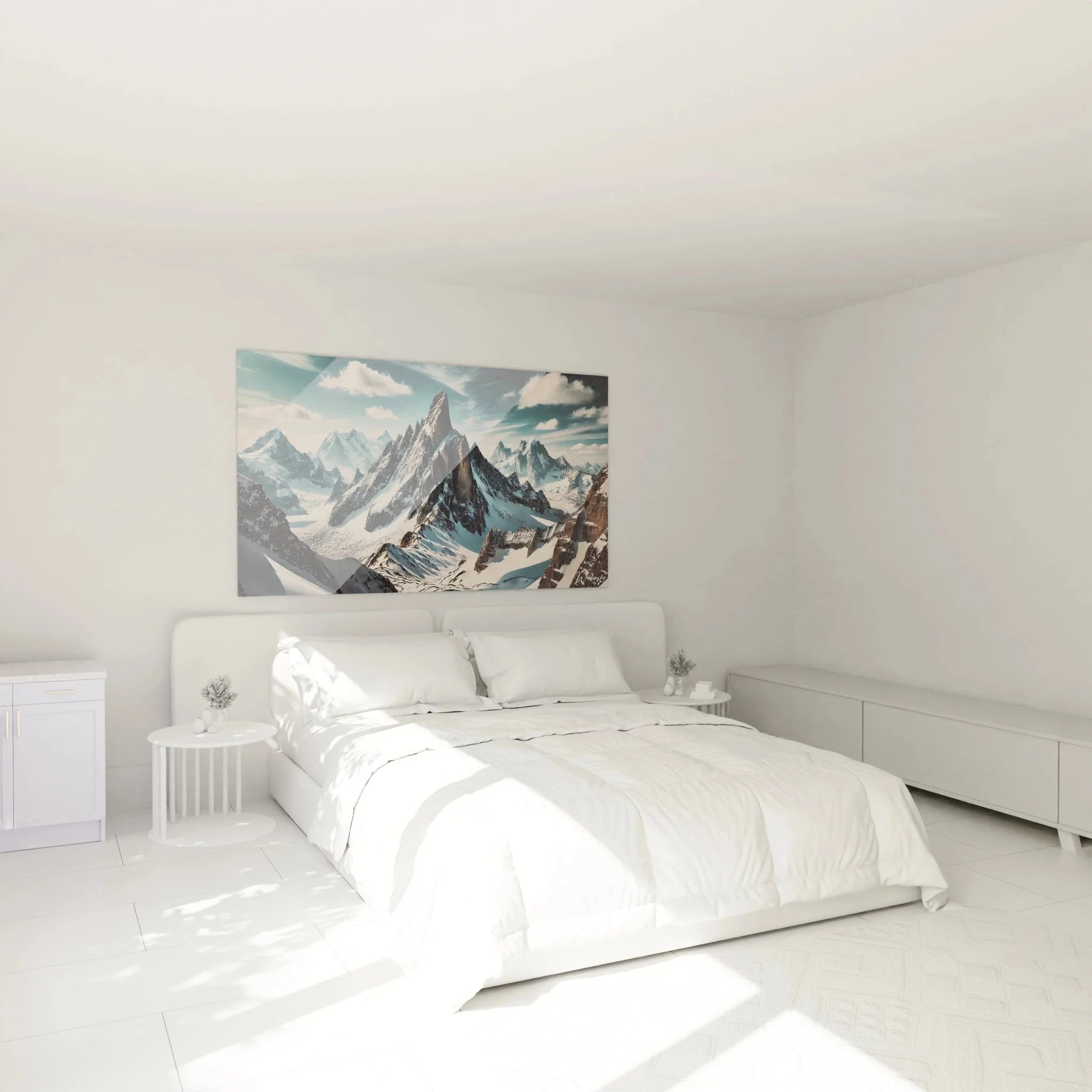 Berggipfel Wandbild XXL in modernem Schlafzimmer mit Schneelandschaft und alpiner Atmosphäre