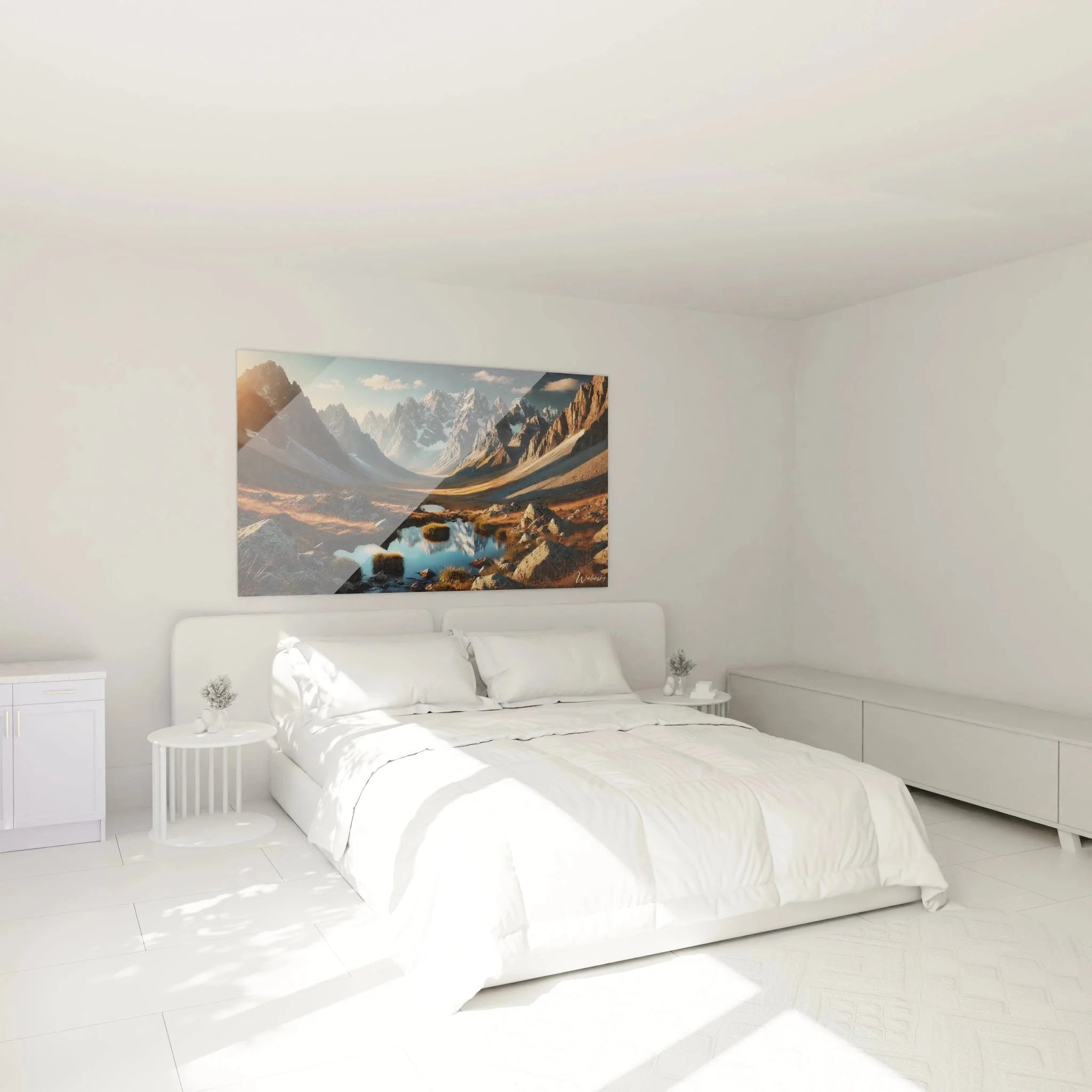 Berglandschaft Wandbild mit Bergsee als stilvolle Schlafzimmer Wanddekoration