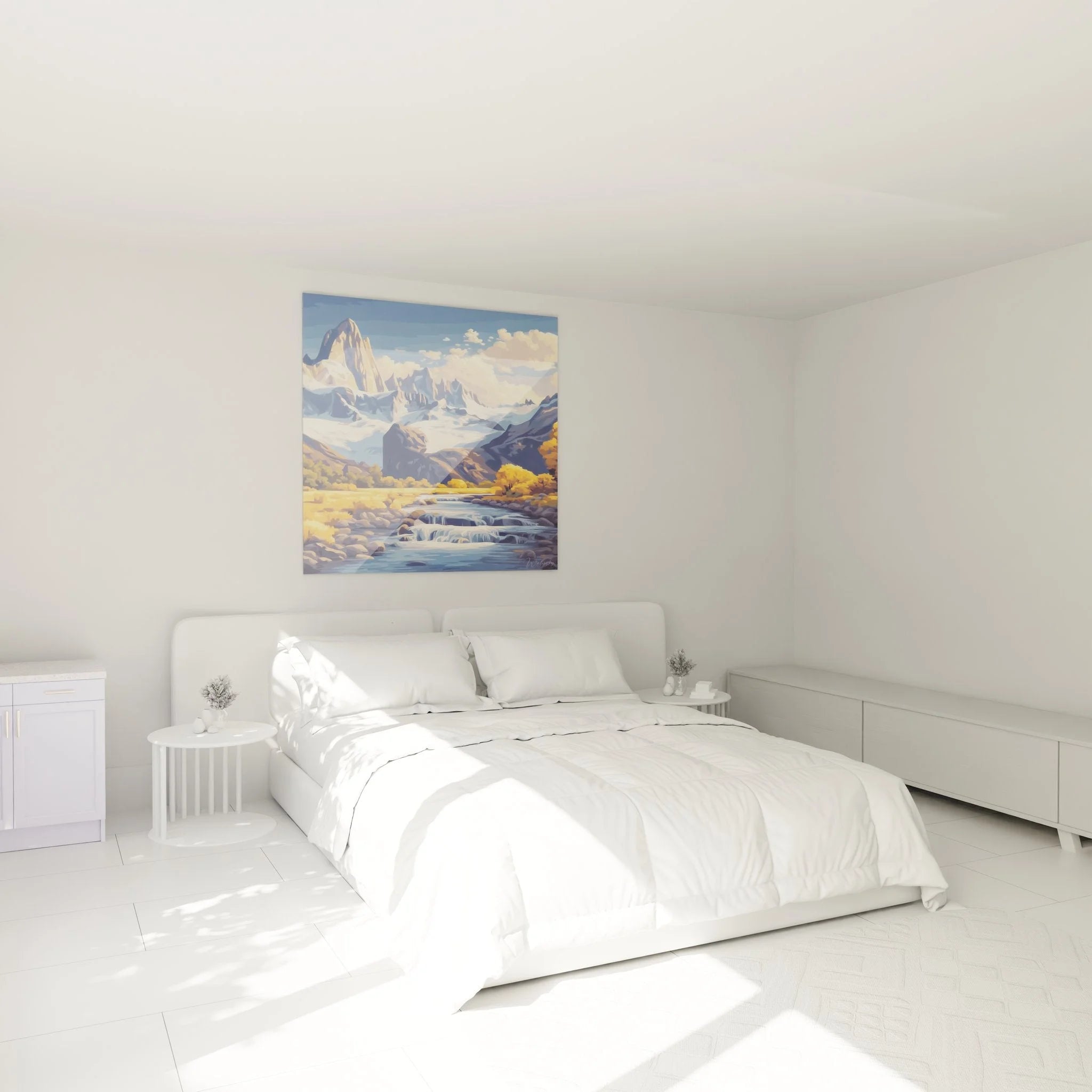 Berglandschaft Wandbild in Schlafzimmer Ambiente mit Alpenpanorama und Herbstfarben