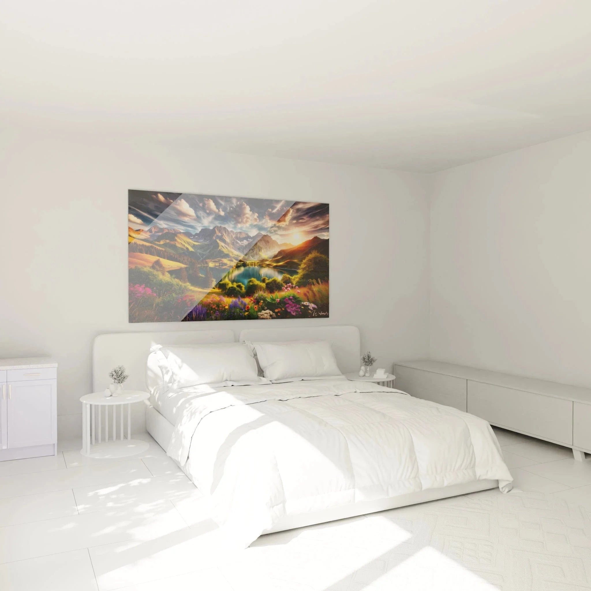 Berglandschaft Wandbild im Schlafzimmer, Alpensee mit Wildblumen als beruhigende Wanddekoration