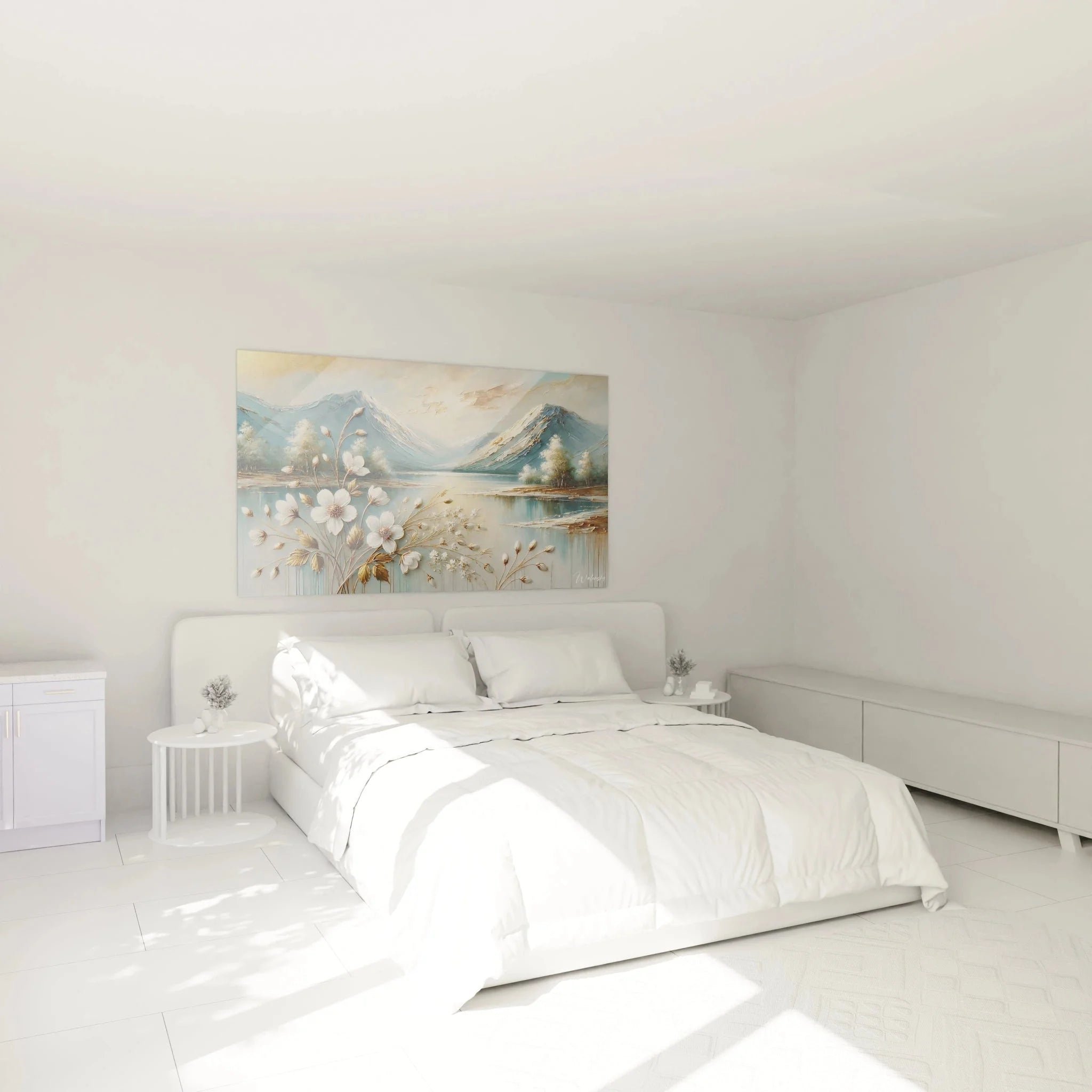 Berglandschaft Wandbild mit Blütenmotiv in modernem Schlafzimmer, Alpine Kunstdruck Dekoration
