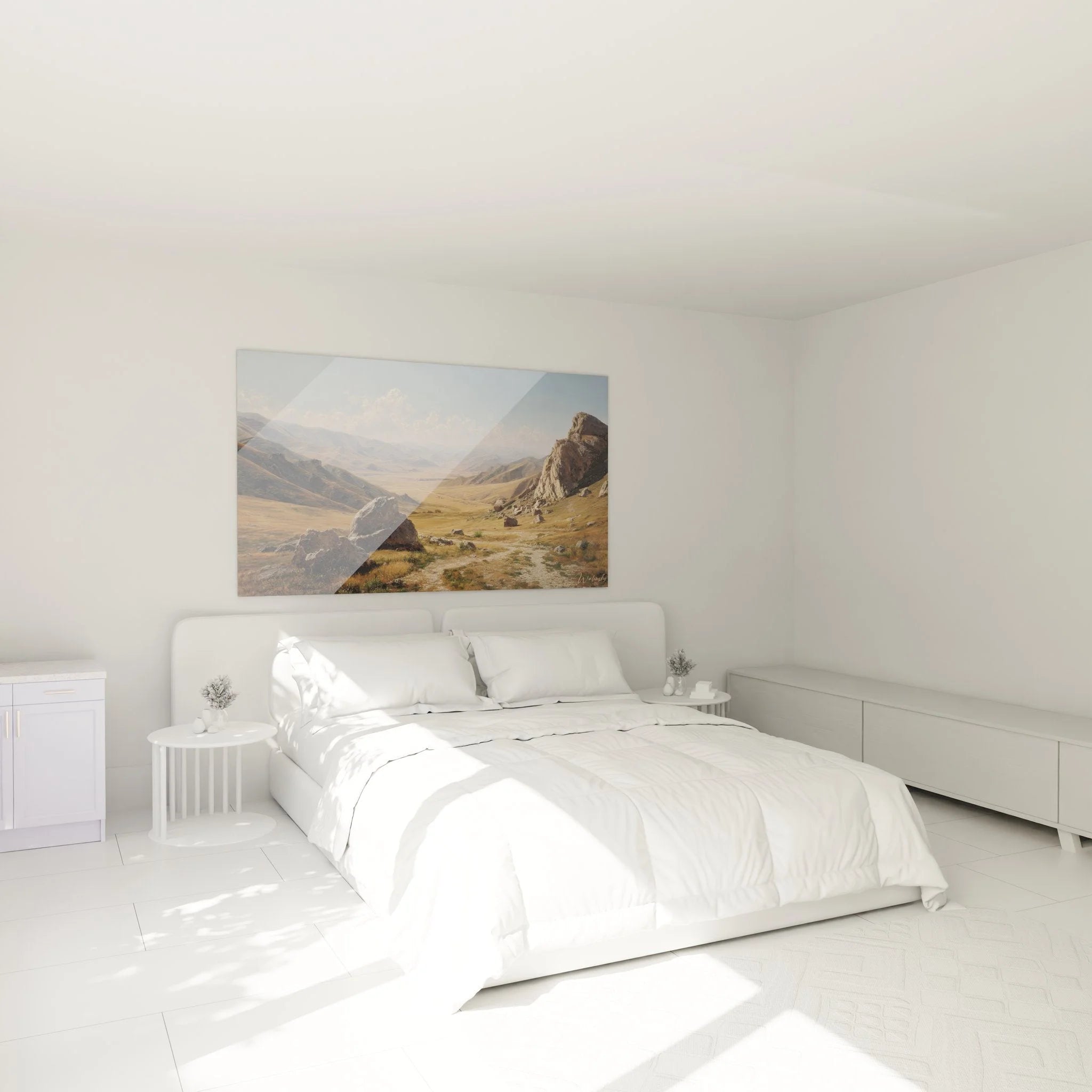 Berglandschaft Wandbild im Schlafzimmer mit monumentalen Felsblöcken und weiter Steppenlandschaft