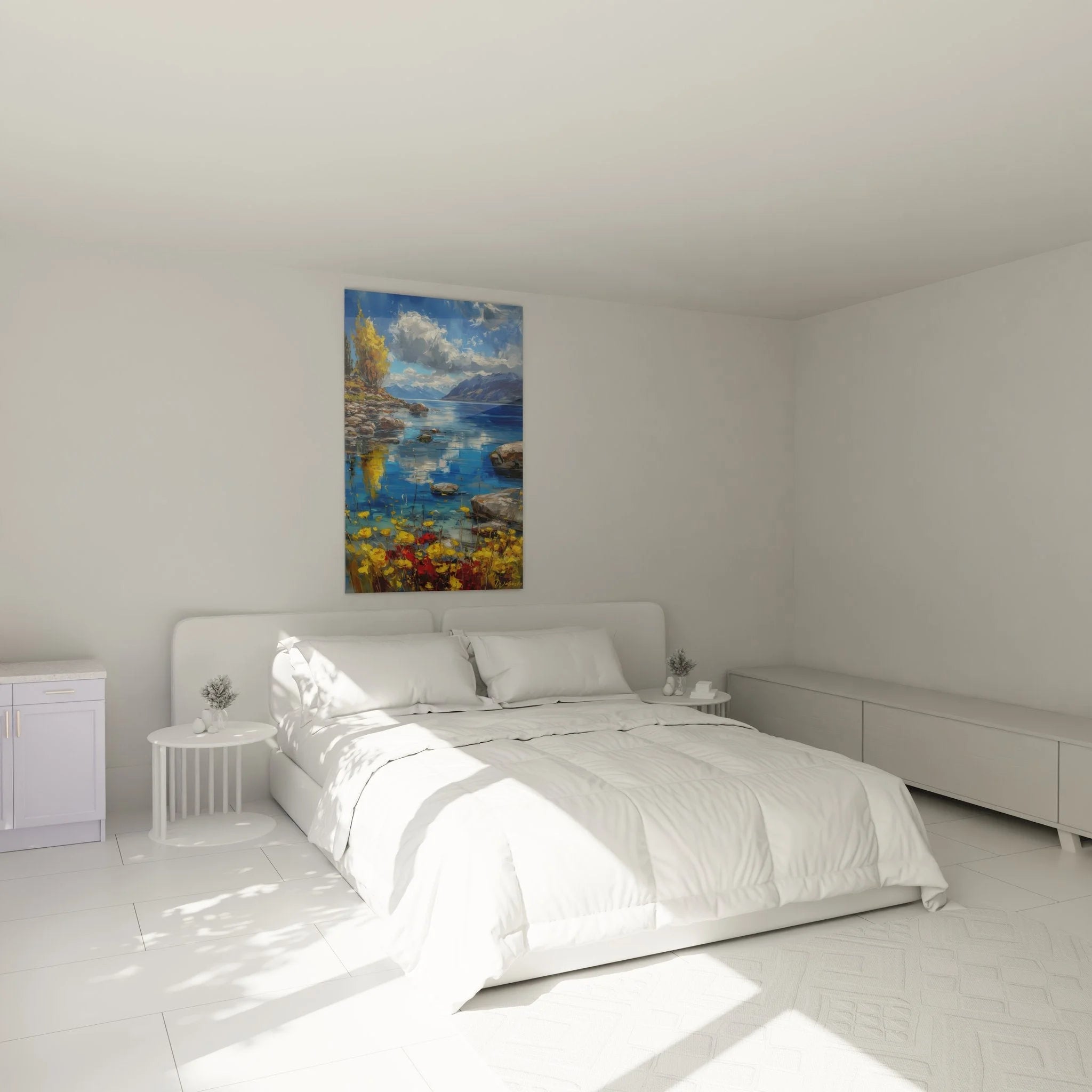 Bergsee Leinwandbild in modernem Schlafzimmer, Alpenlandschaft als Wanddekoration