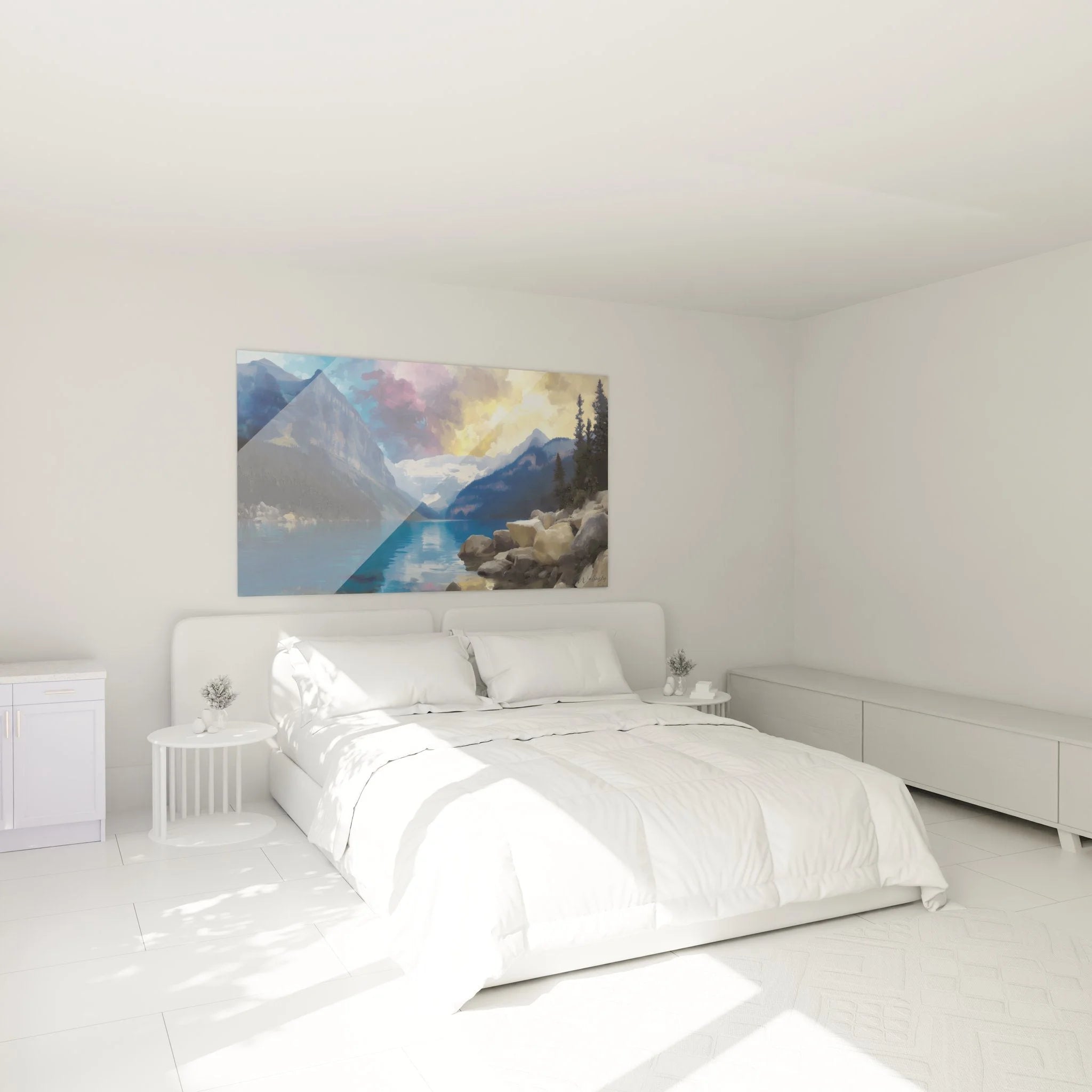 Bergsee Wandbild im Schlafzimmer, moderne Wanddekoration mit Berglandschaft und Gletschersee