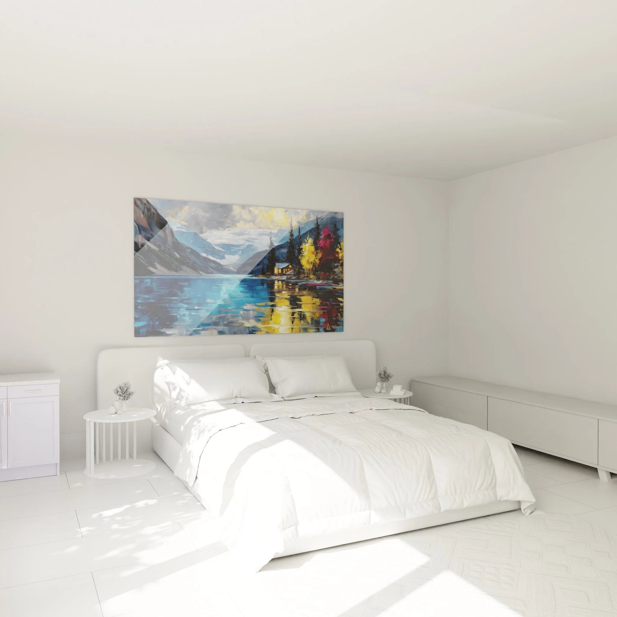 Bergsee Wandbild in modernem Schlafzimmer, herbstliche Berglandschaft als Wanddekoration