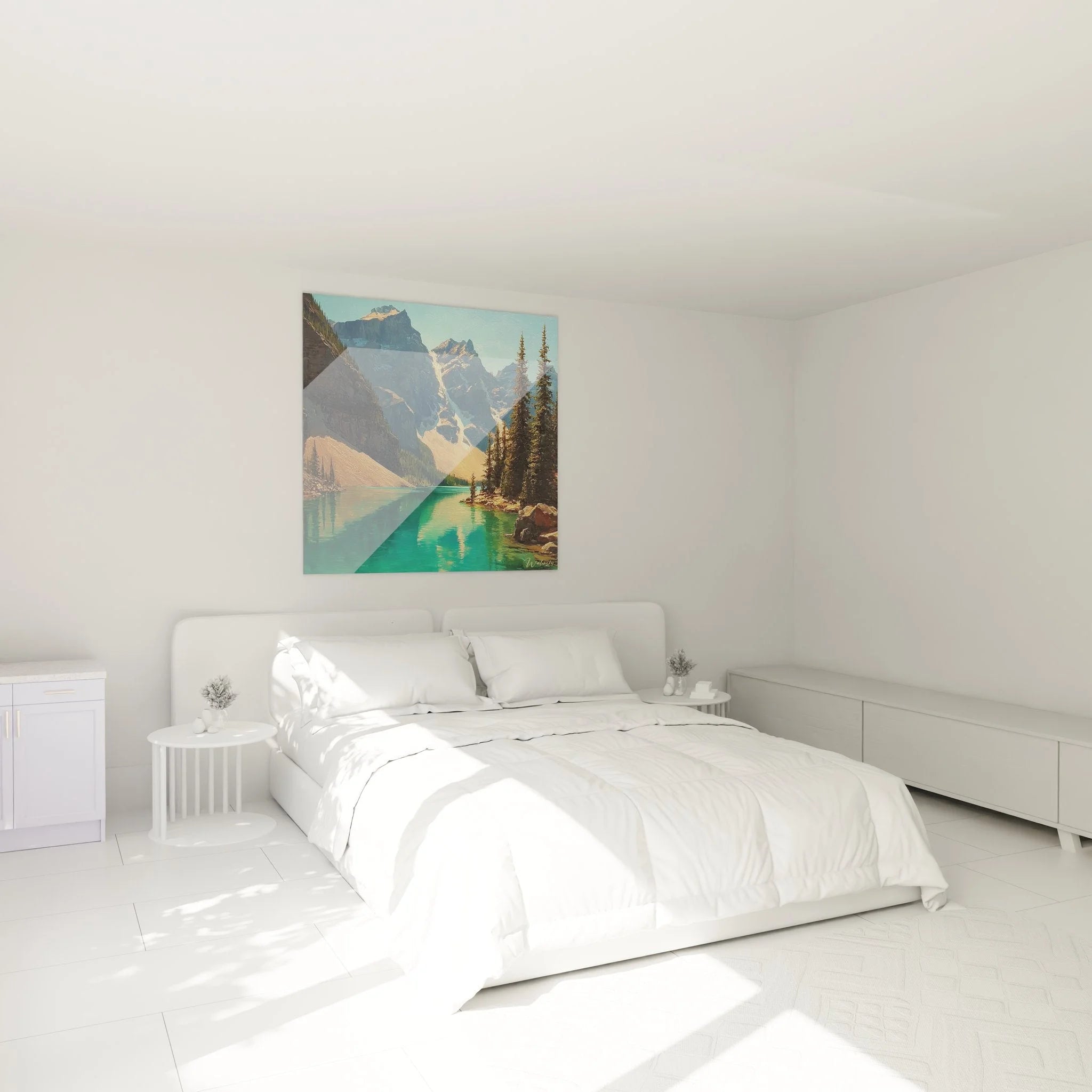 Bergsee Wandbild im Schlafzimmer - Türkiser Alpensee Kunstdruck als Wanddekoration