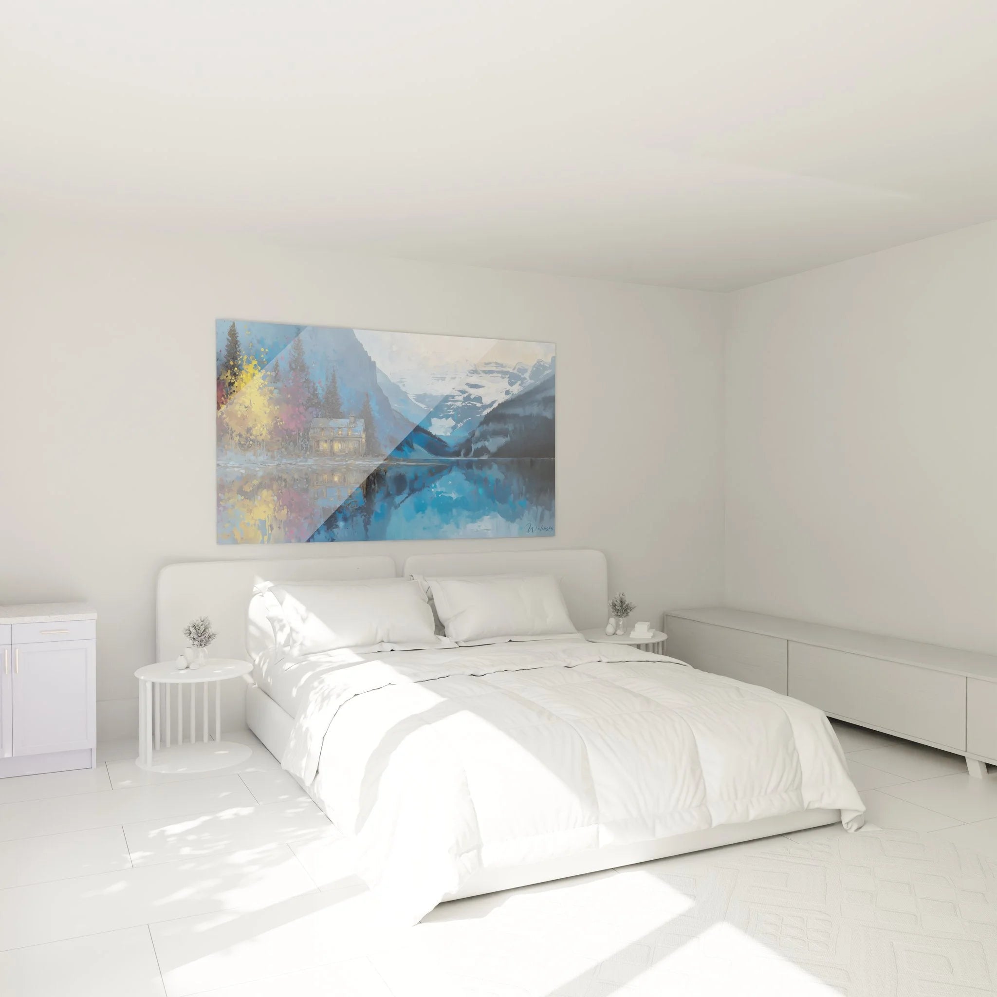 Bergsee Wandbild XXL im Schlafzimmer, alpine Berglandschaft mit gemütlicher Atmosphäre über dem Bett