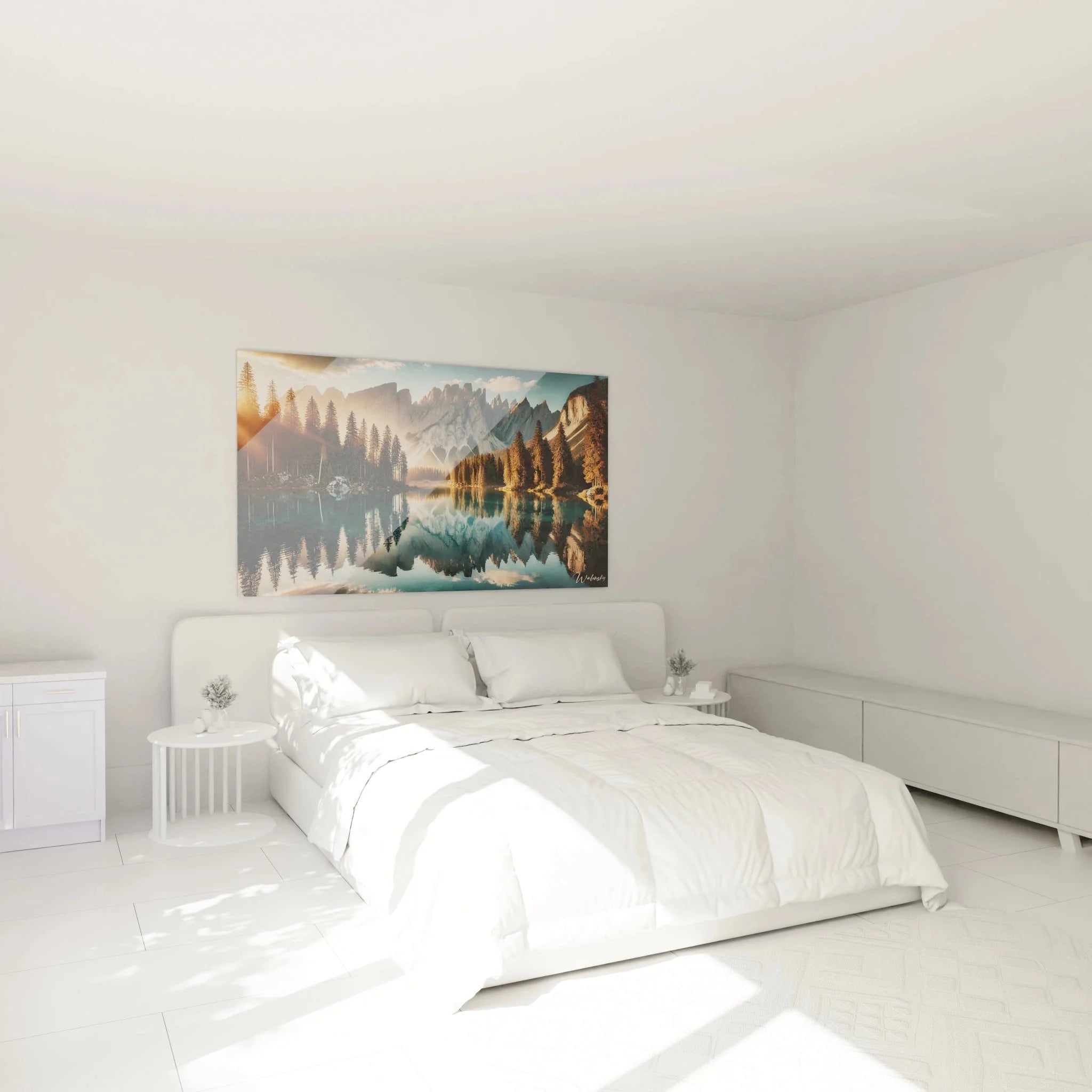 Bergsee Wandbild XXL in modernem Schlafzimmer - Alpenpanorama als stilvolle Wanddekoration