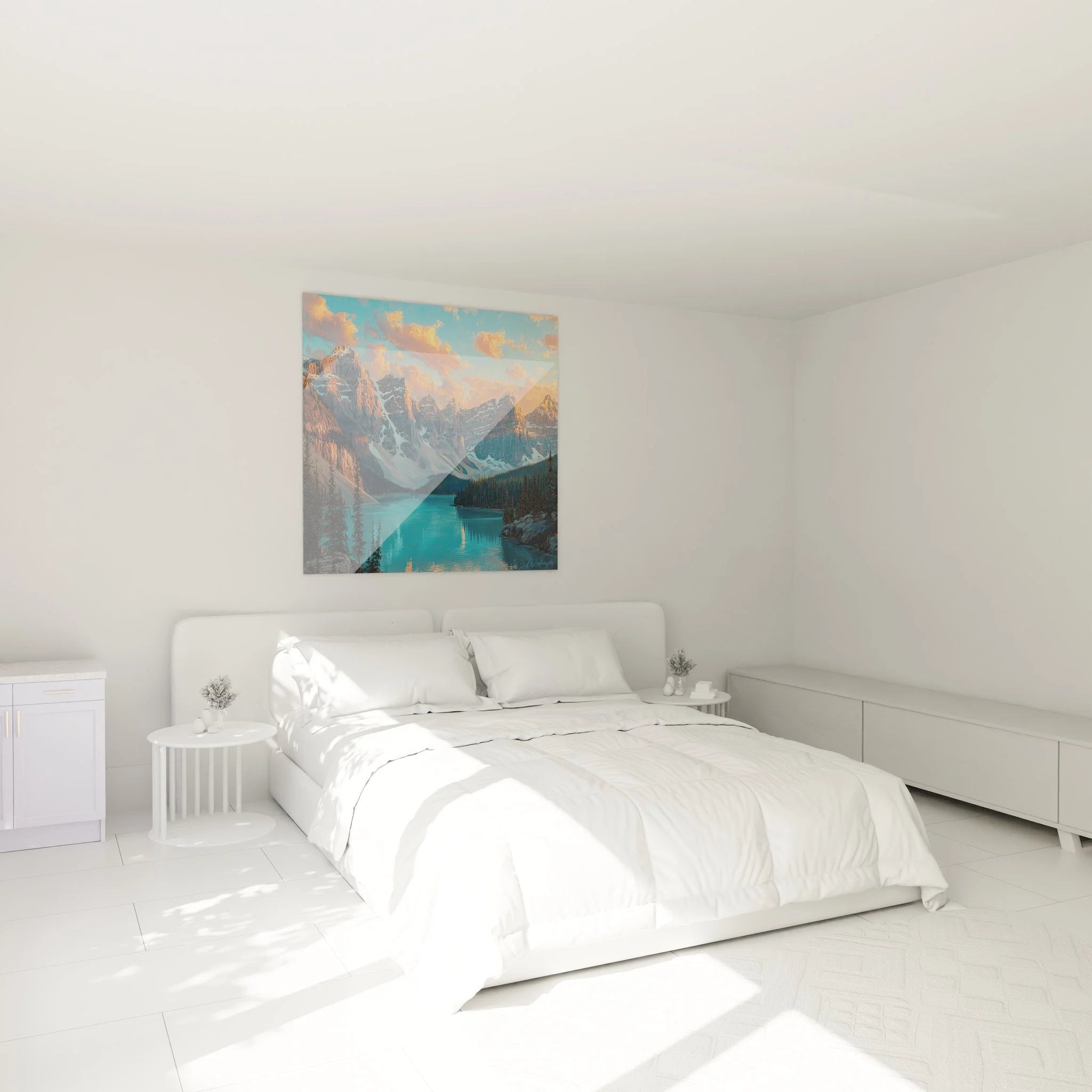 Bergsee Wandbild XXL in modernem Schlafzimmer, Alpenpanorama Sonnenuntergang als Wanddekoration